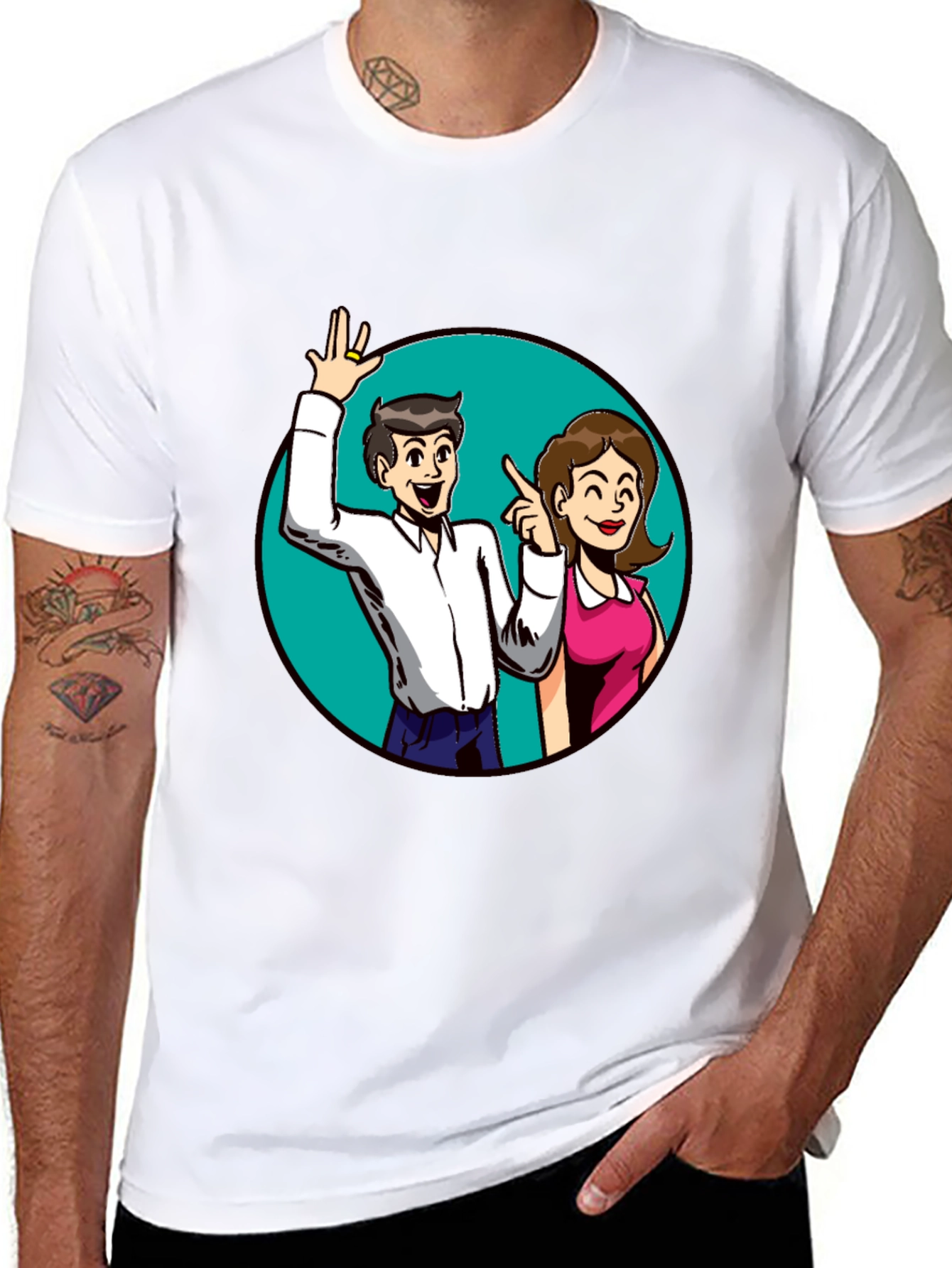 Cartoon Couple Graphic Tee - Black Casual Shirt