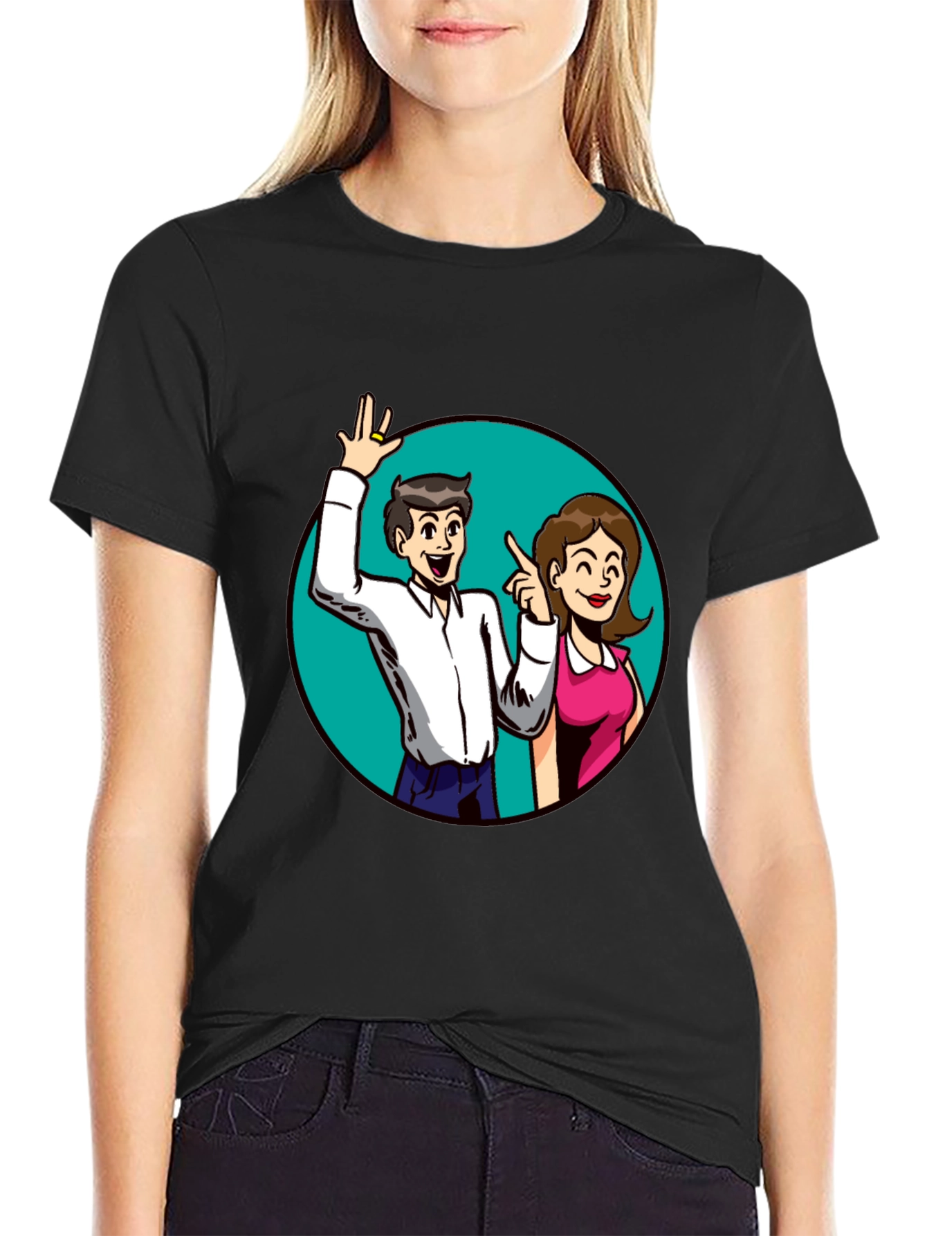 Cartoon Couple Graphic Tee - Black Casual Shirt