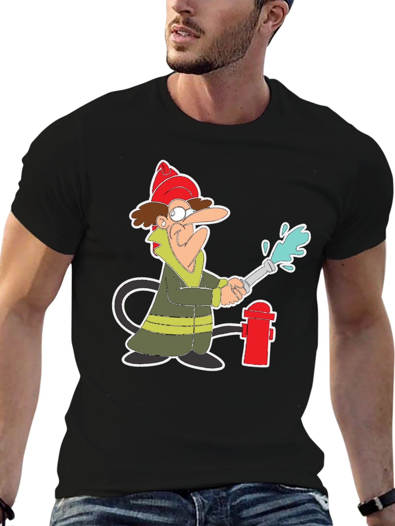 Cartoon Fireman T-Shirt - Quirky Graphic Tee