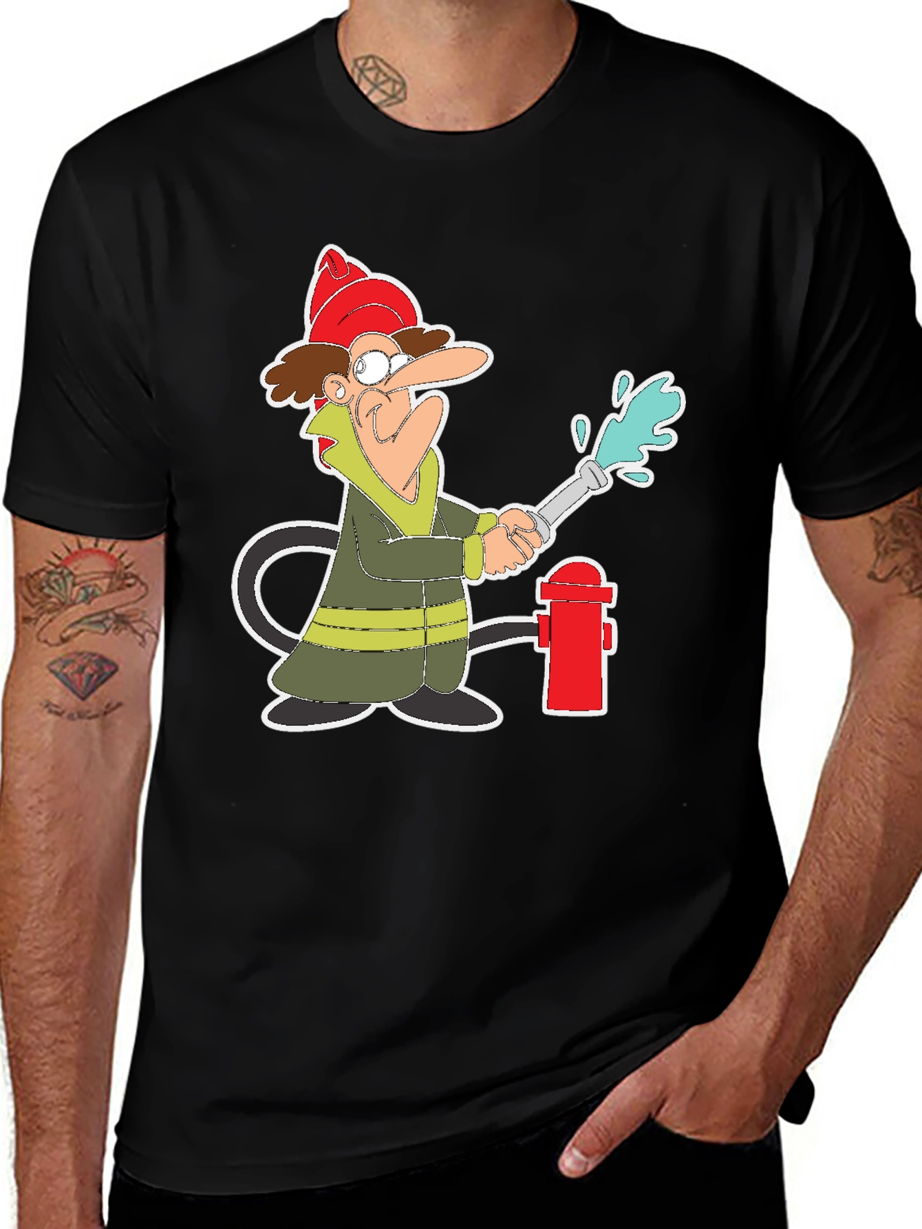 Cartoon Fireman T-Shirt - Quirky Graphic Tee