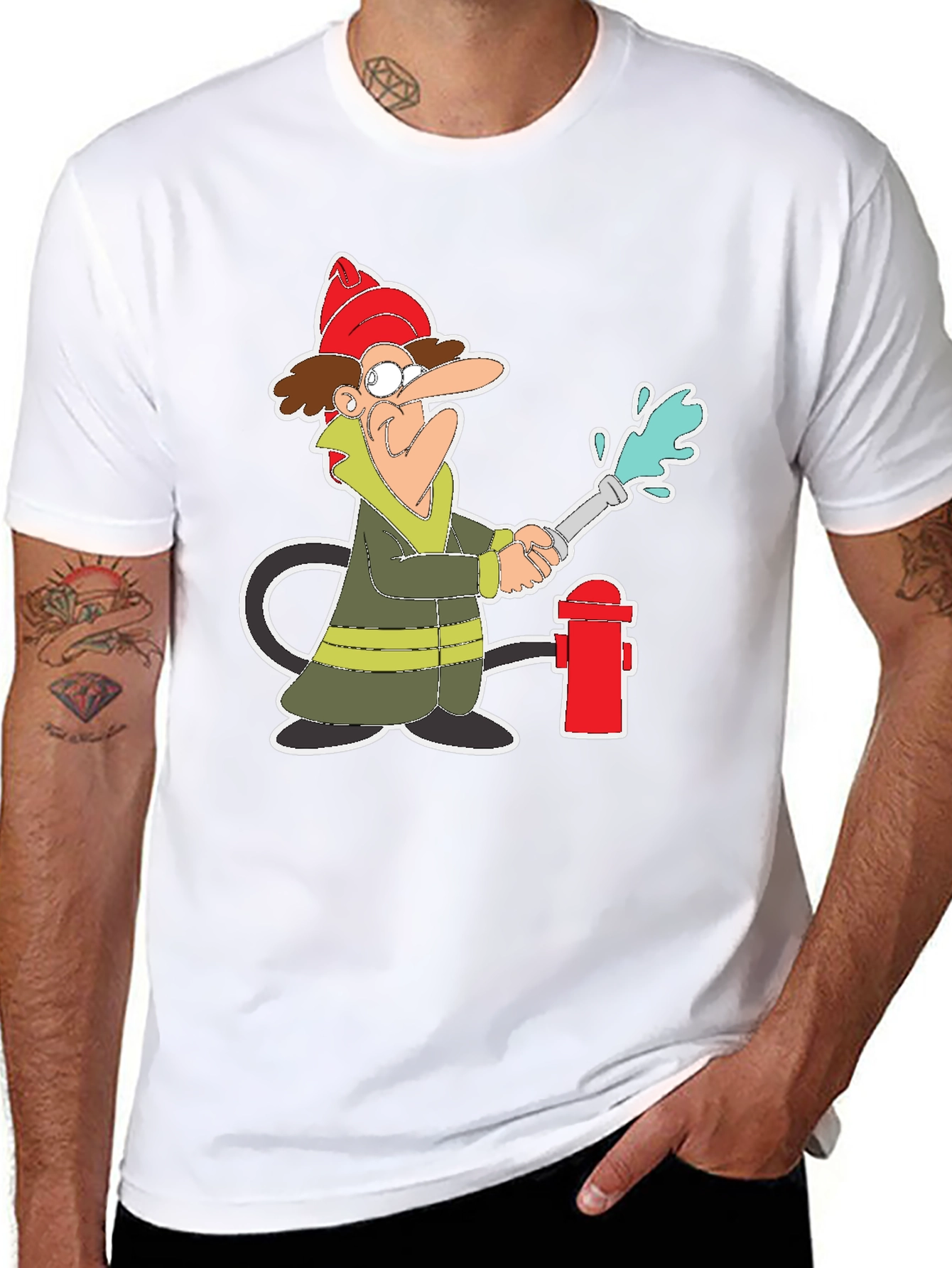 Cartoon Fireman T-Shirt - Quirky Graphic Tee