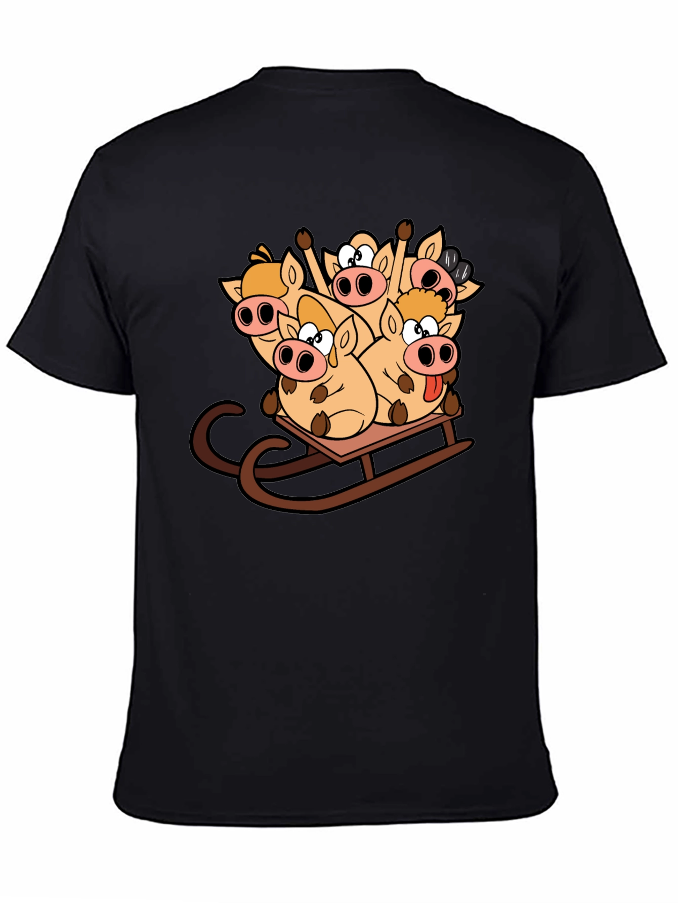 Funny Pigs on Sled Black T-Shirt