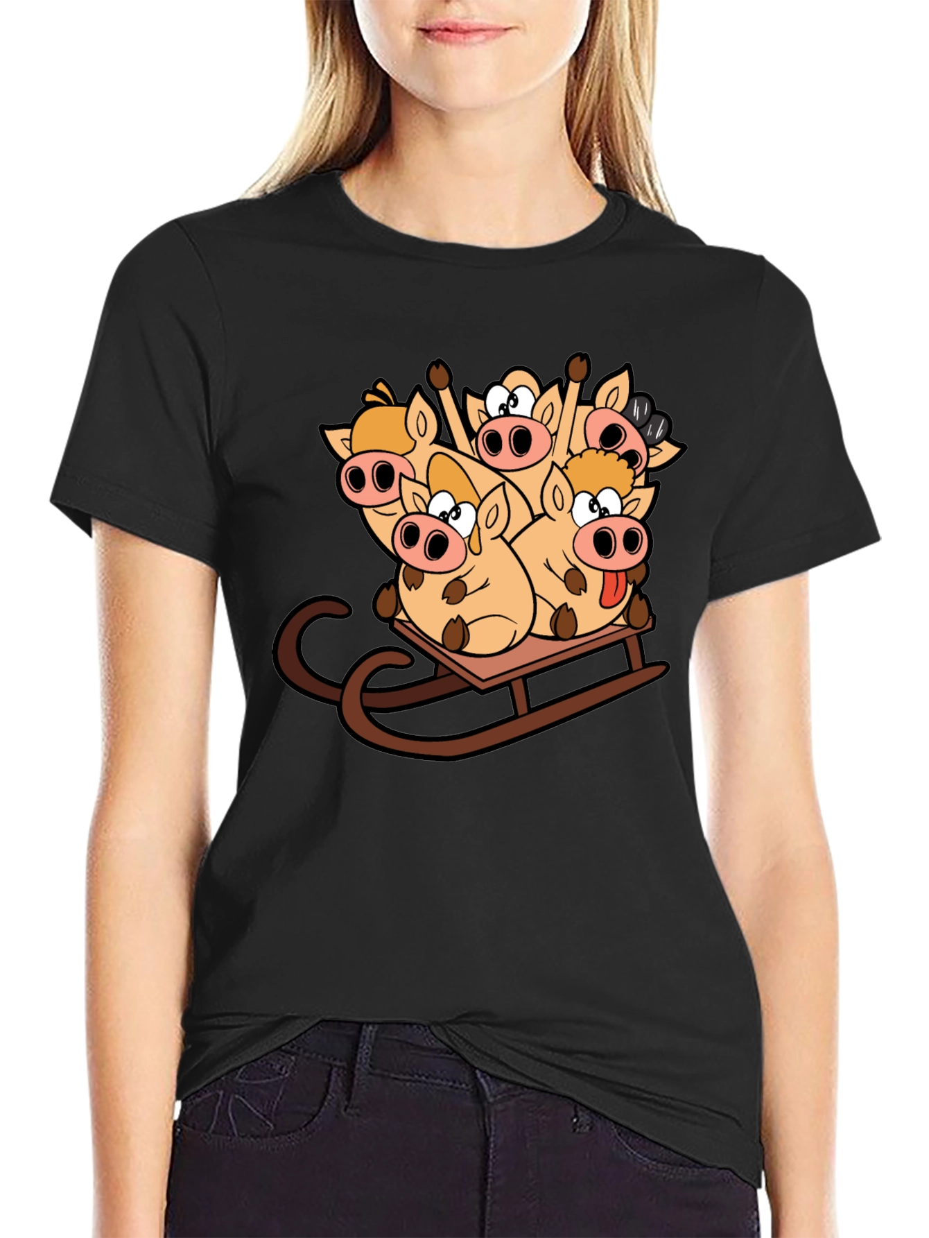 Funny Pigs on Sled Black T-Shirt