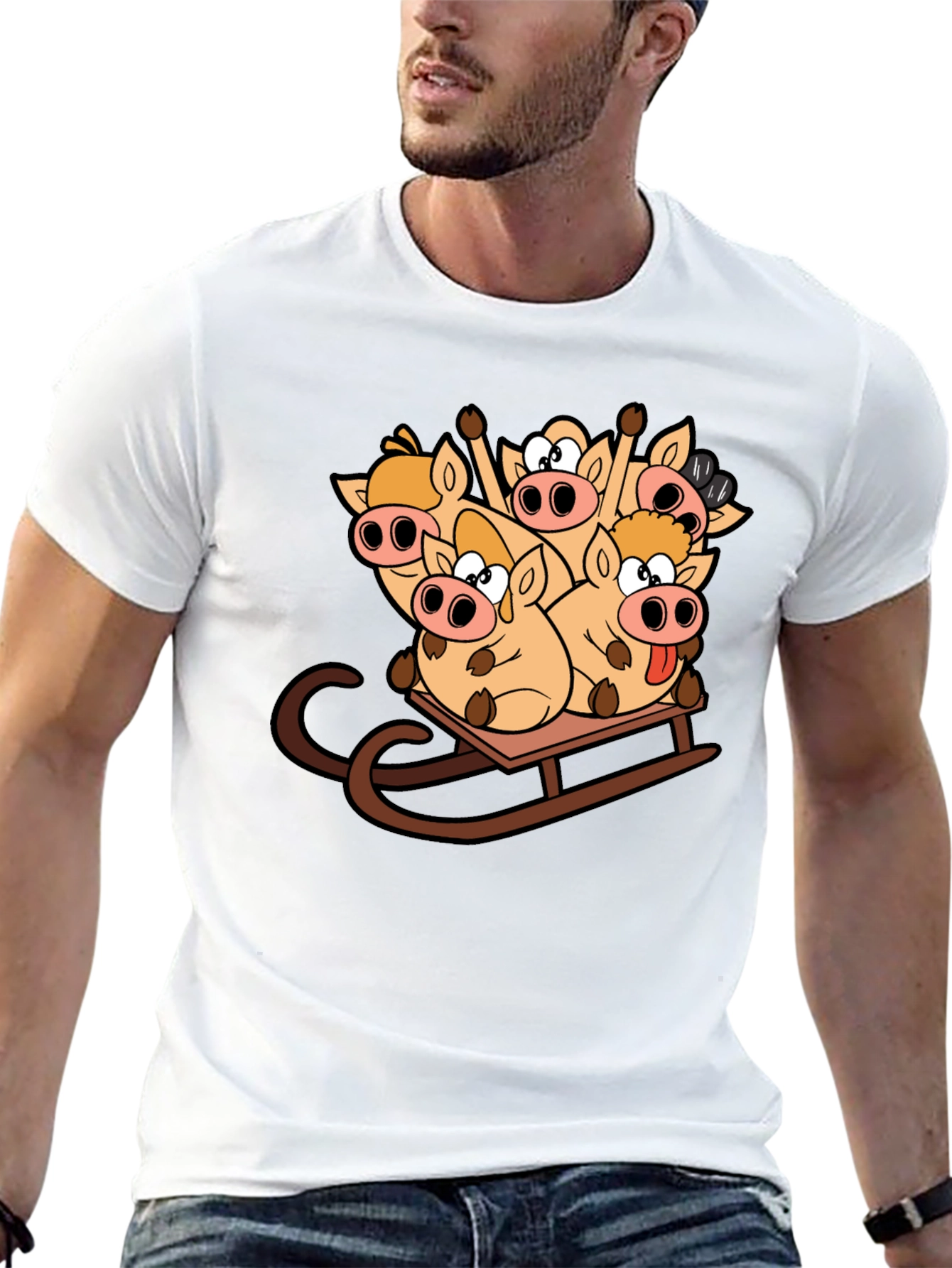 Funny Pigs on Sled Black T-Shirt