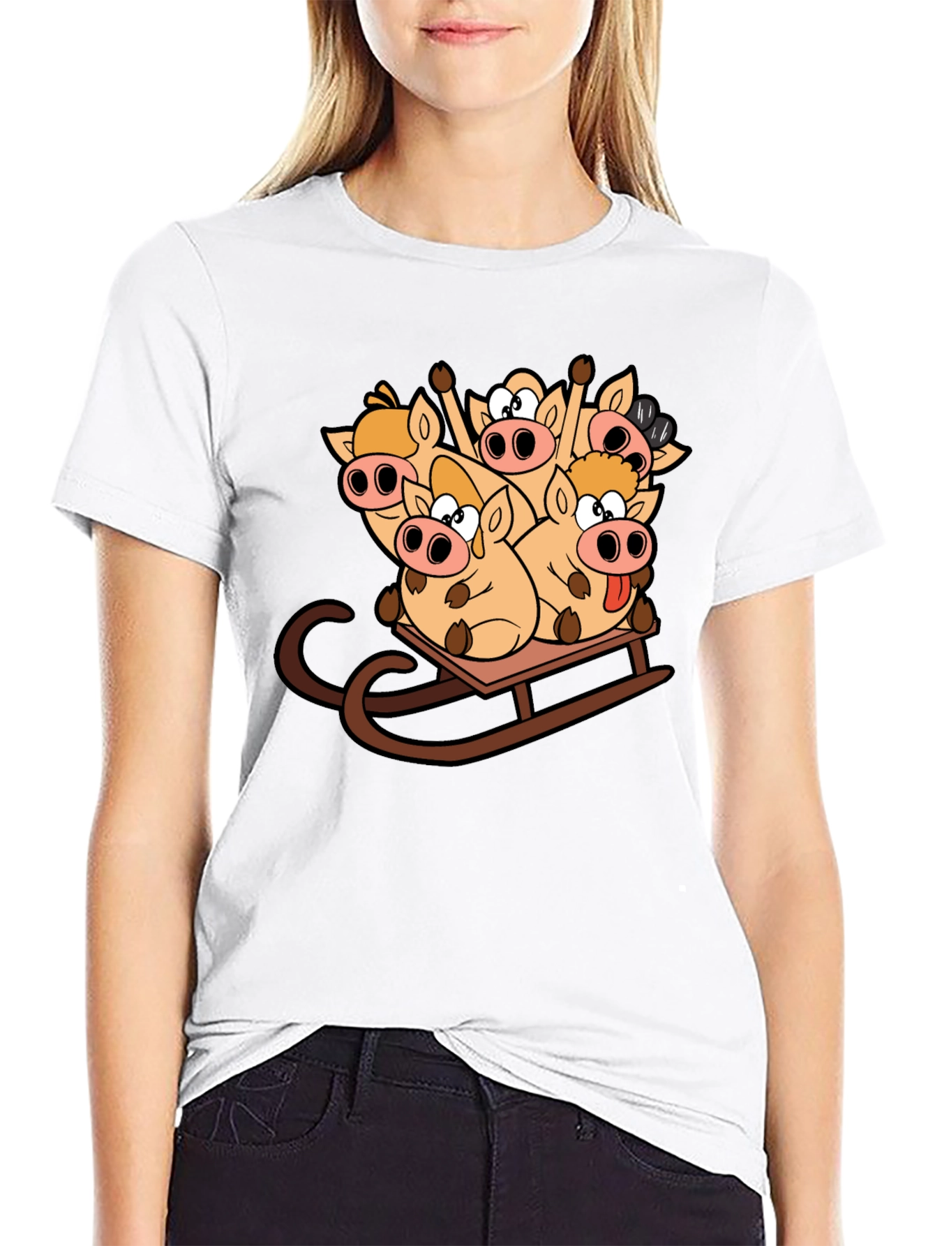 Funny Pigs on Sled Black T-Shirt