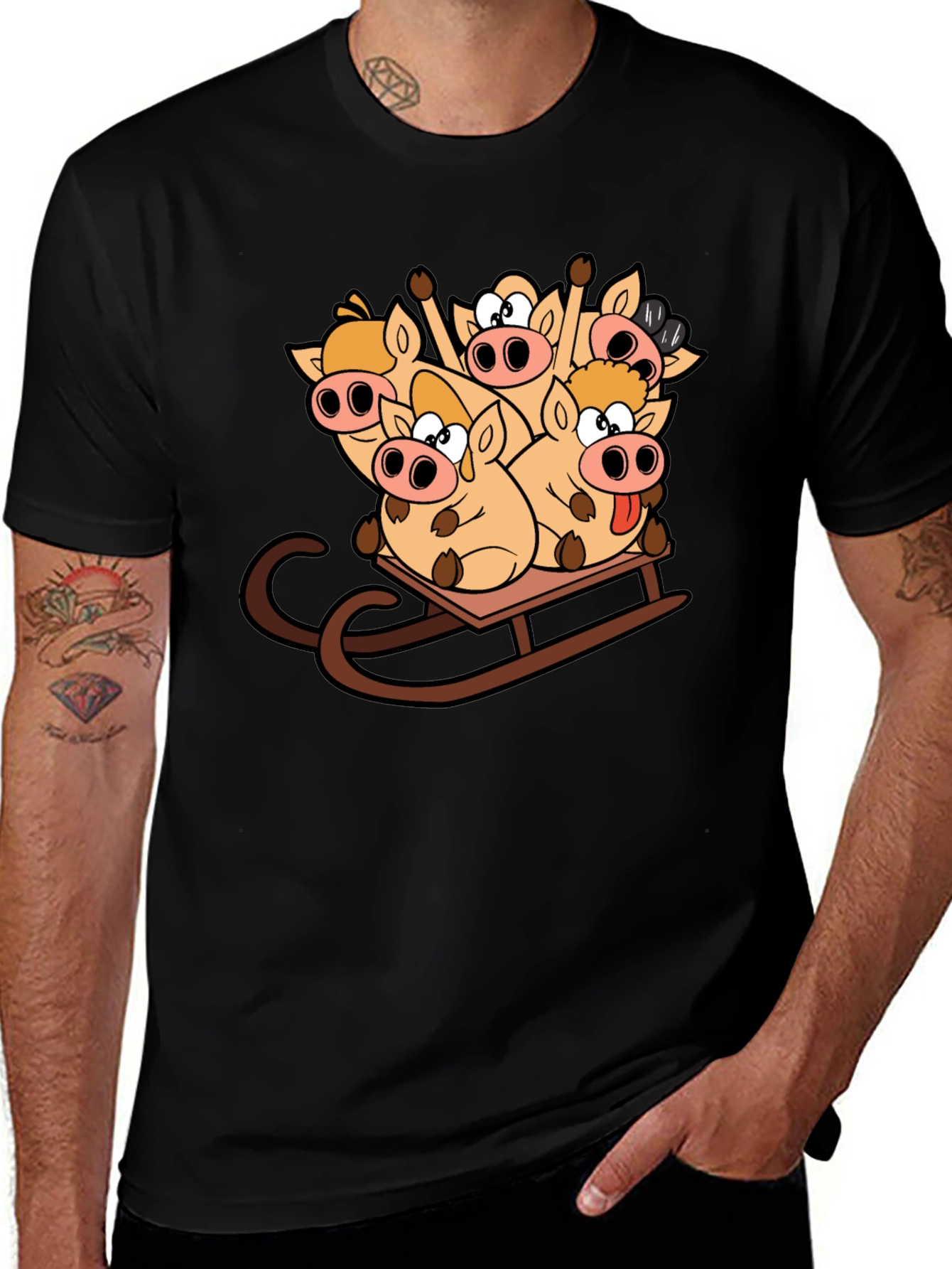 Funny Pigs on Sled Black T-Shirt
