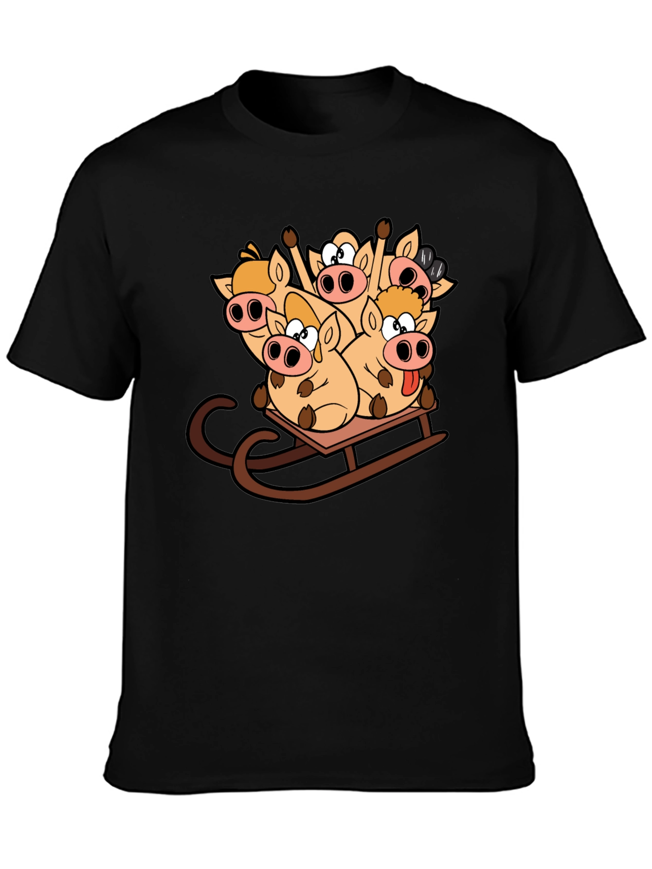 Funny Pigs on Sled Black T-Shirt