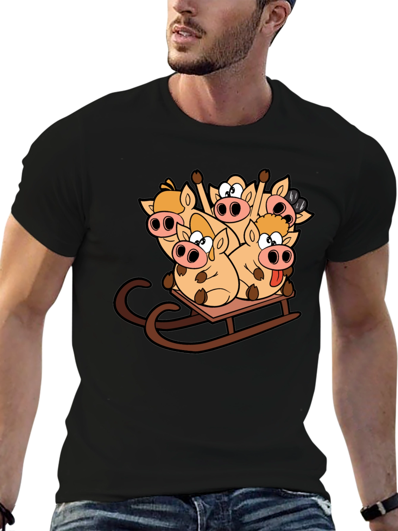 Funny Pigs on Sled Black T-Shirt
