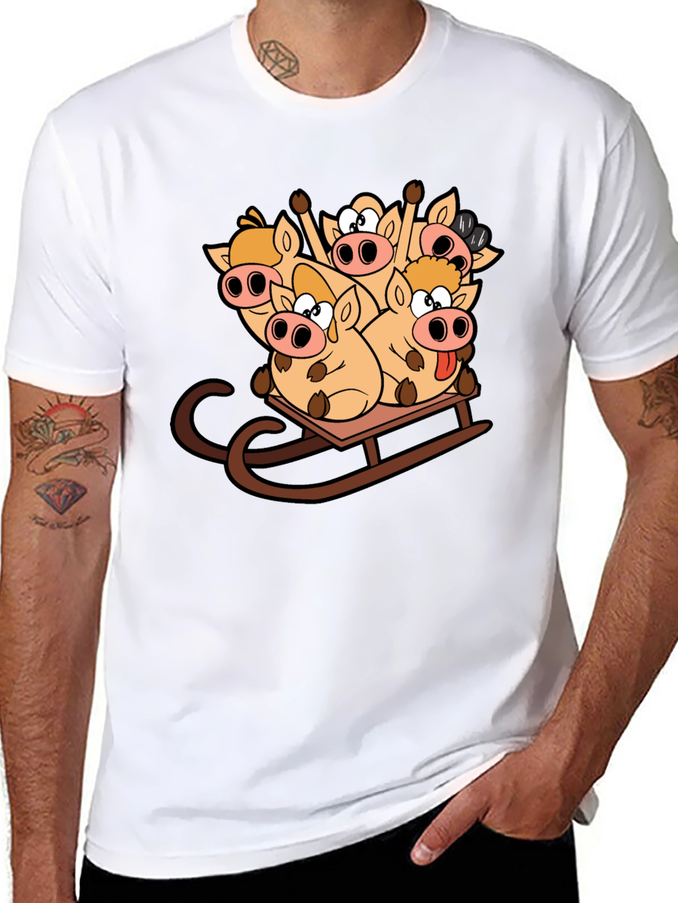 Funny Pigs on Sled Black T-Shirt