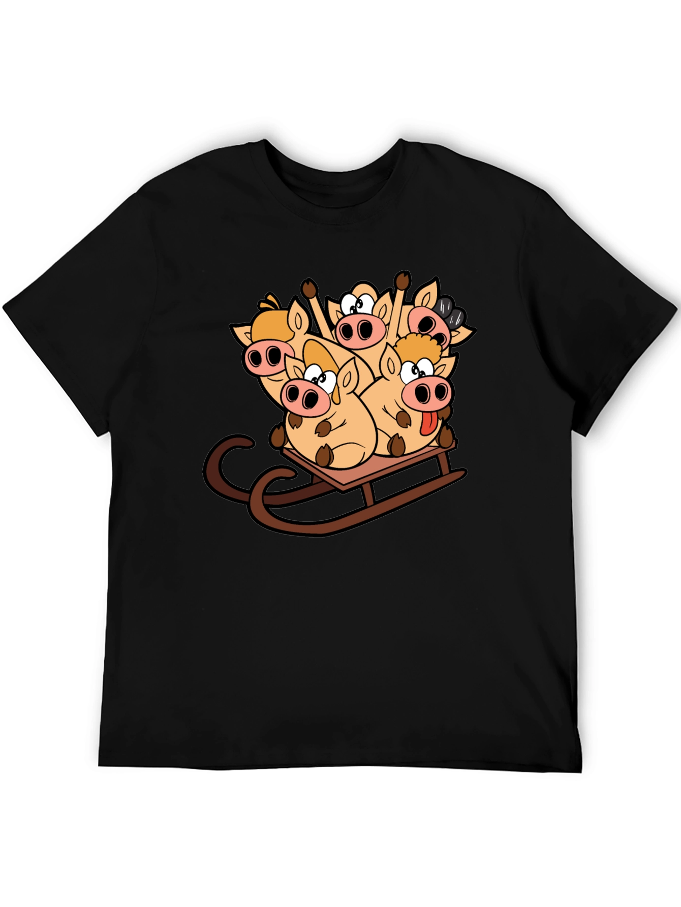 Funny Pigs on Sled Black T-Shirt