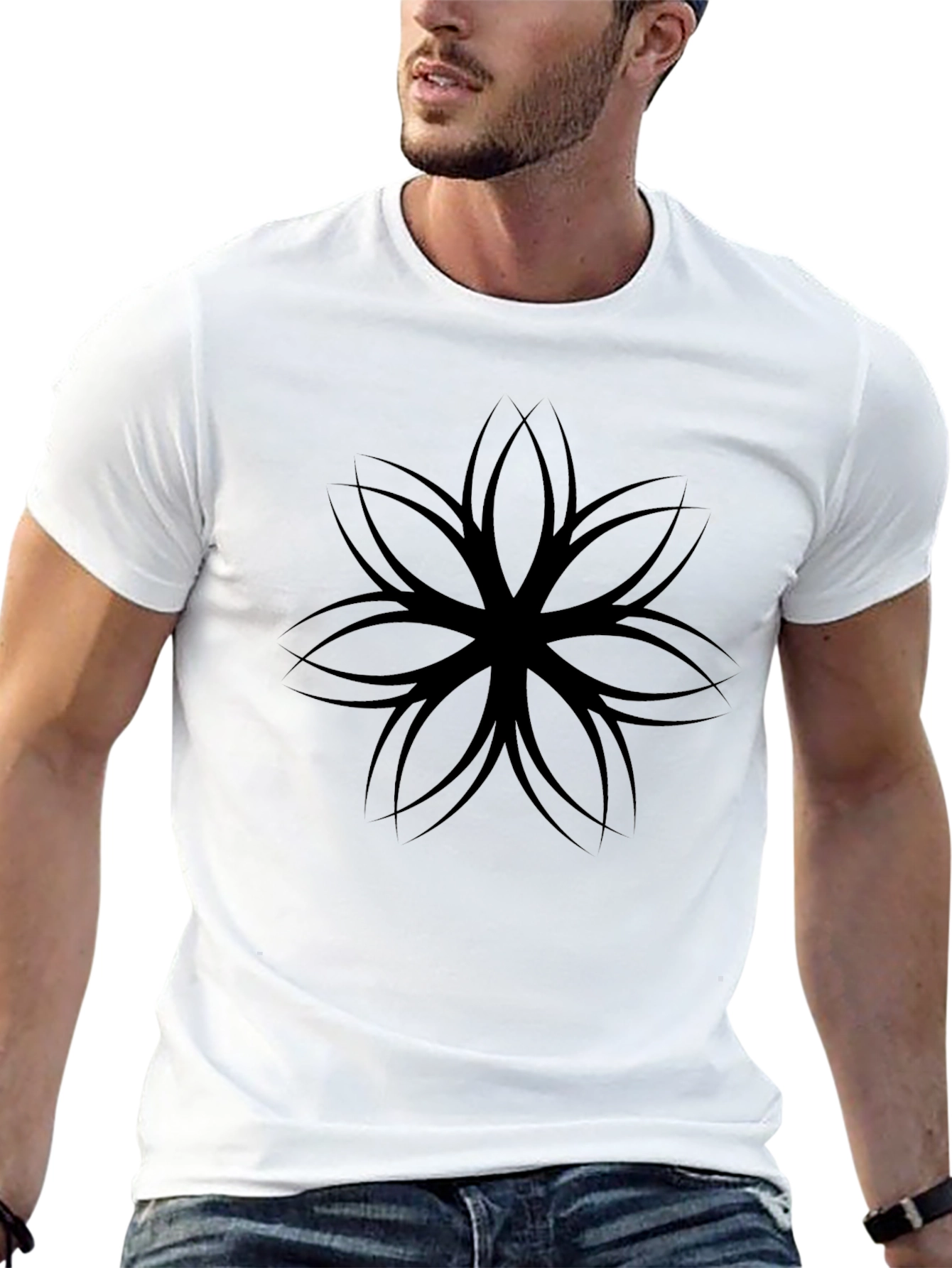 Mens Black T-Shirt with Geometric Flower Design