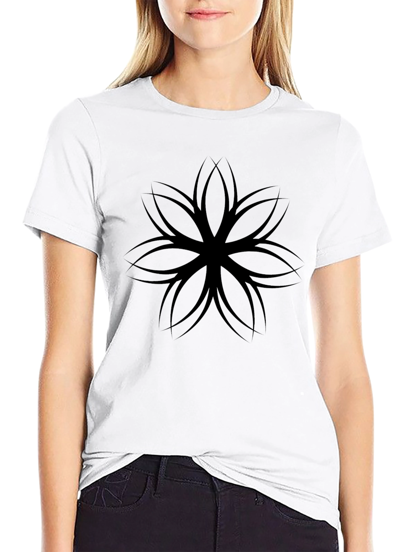 Mens Black T-Shirt with Geometric Flower Design