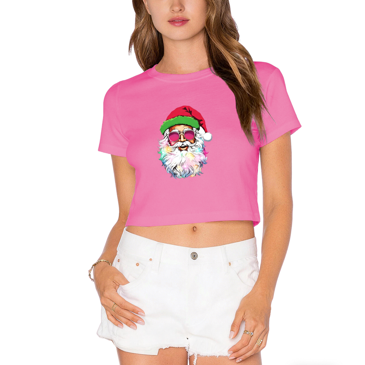 Cool Rainbow Beard Santa With Pink Sunglasses Christmas Crop Top