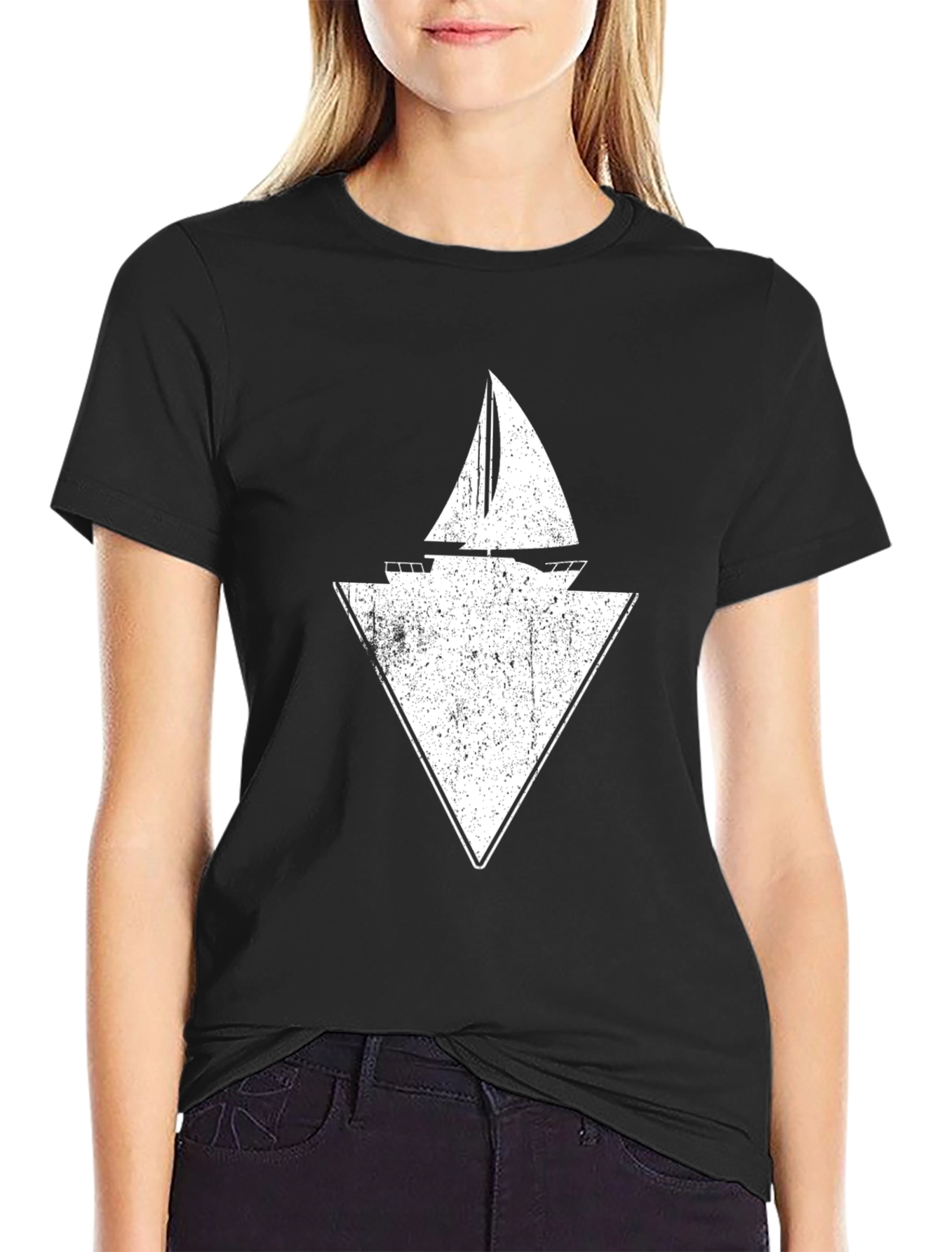 Sailboat Triangle Graphic Tee - Black Cotton