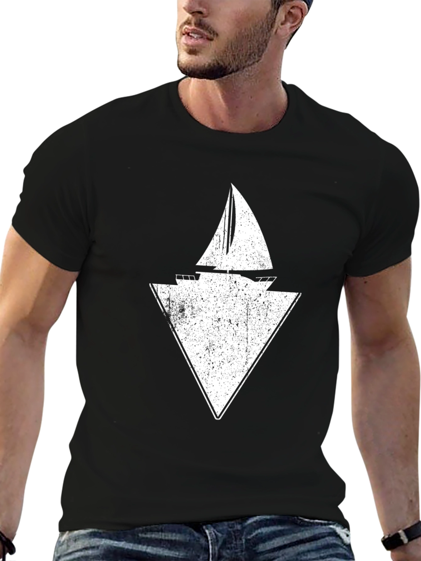 Sailboat Triangle Graphic Tee - Black Cotton