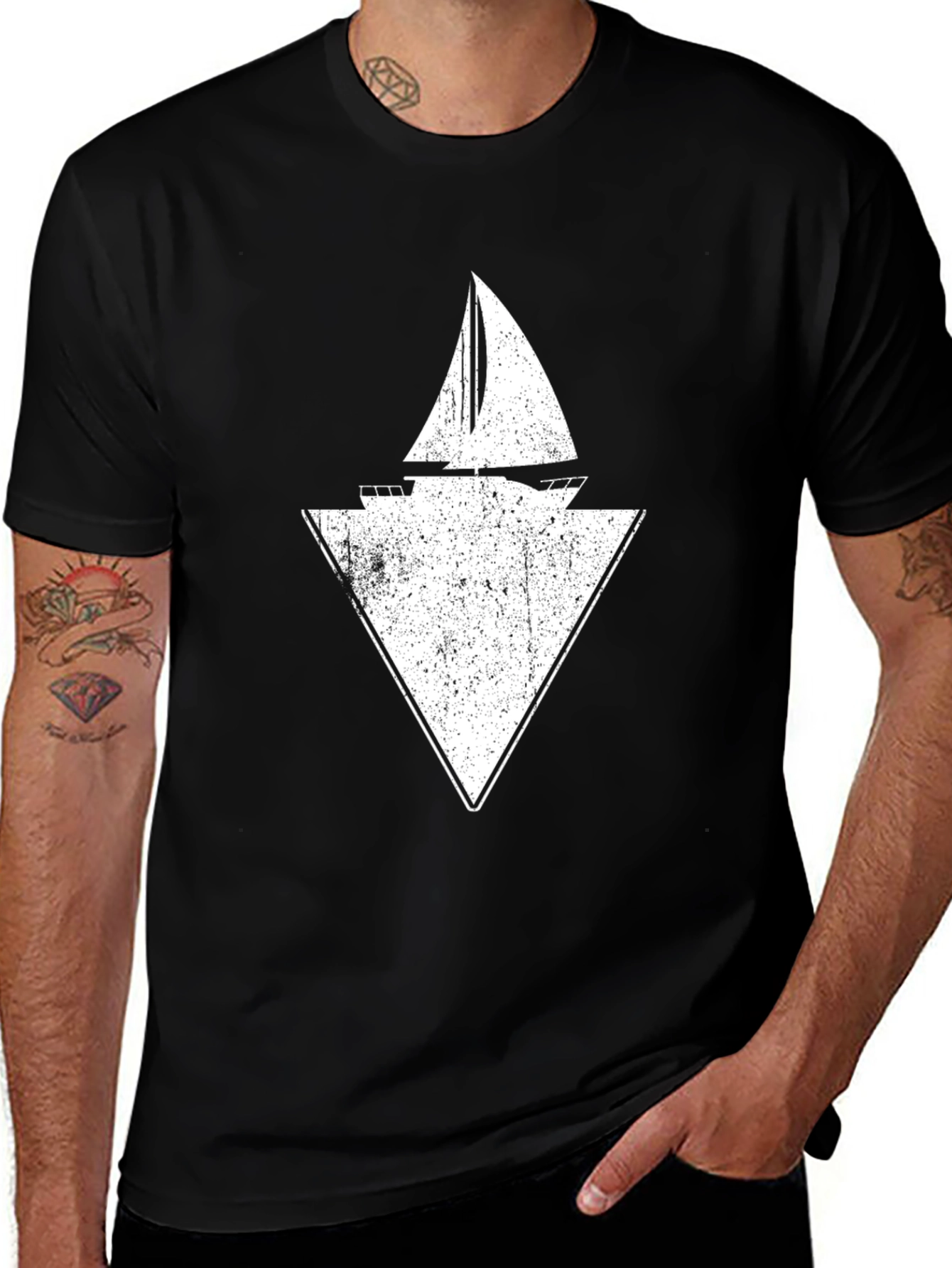 Sailboat Triangle Graphic Tee - Black Cotton