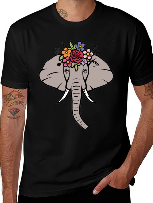 Floral Elephant Graphic Tee - Mens Black T-Shirt