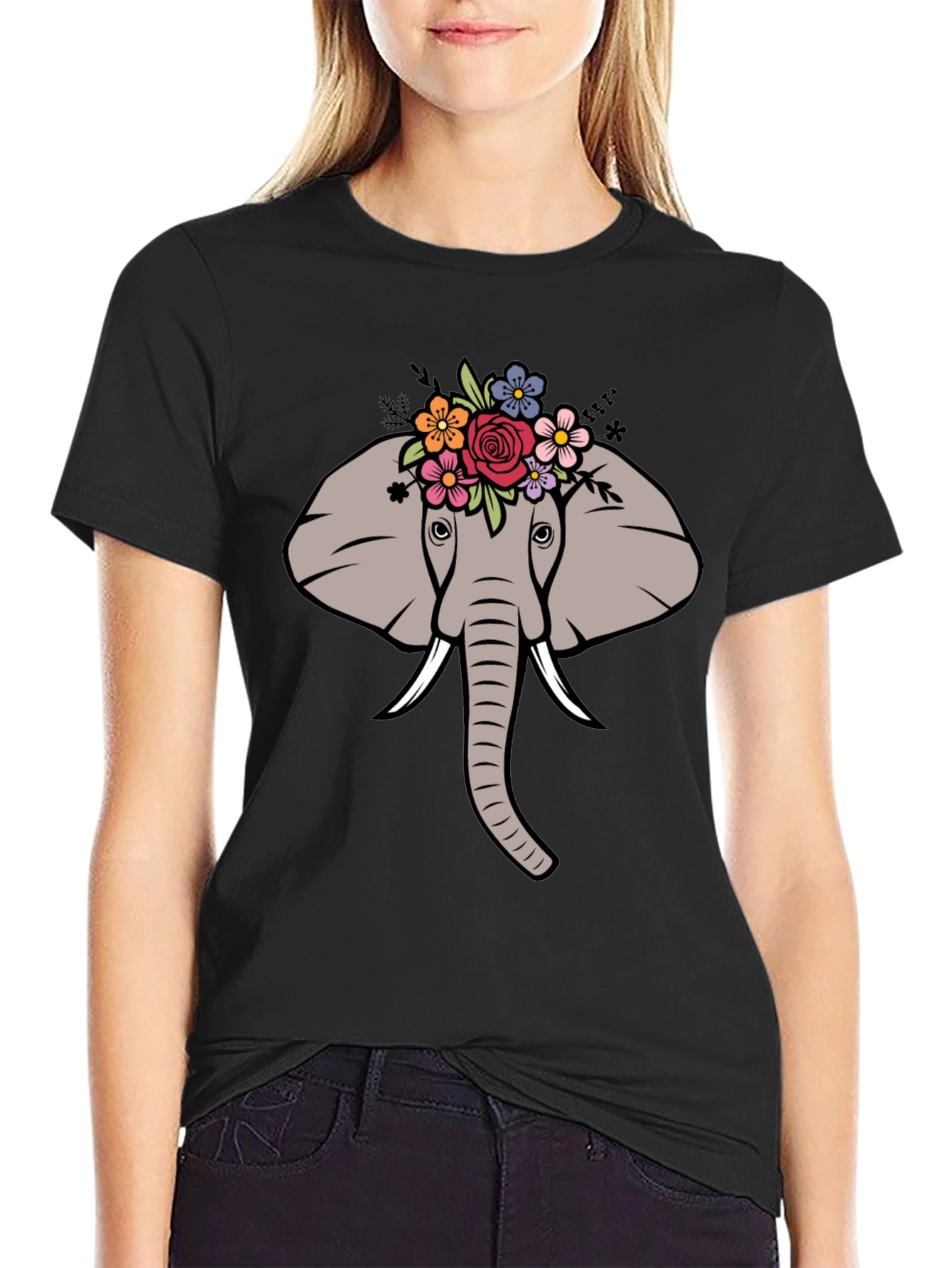 Floral Elephant Graphic Tee - Mens Black T-Shirt