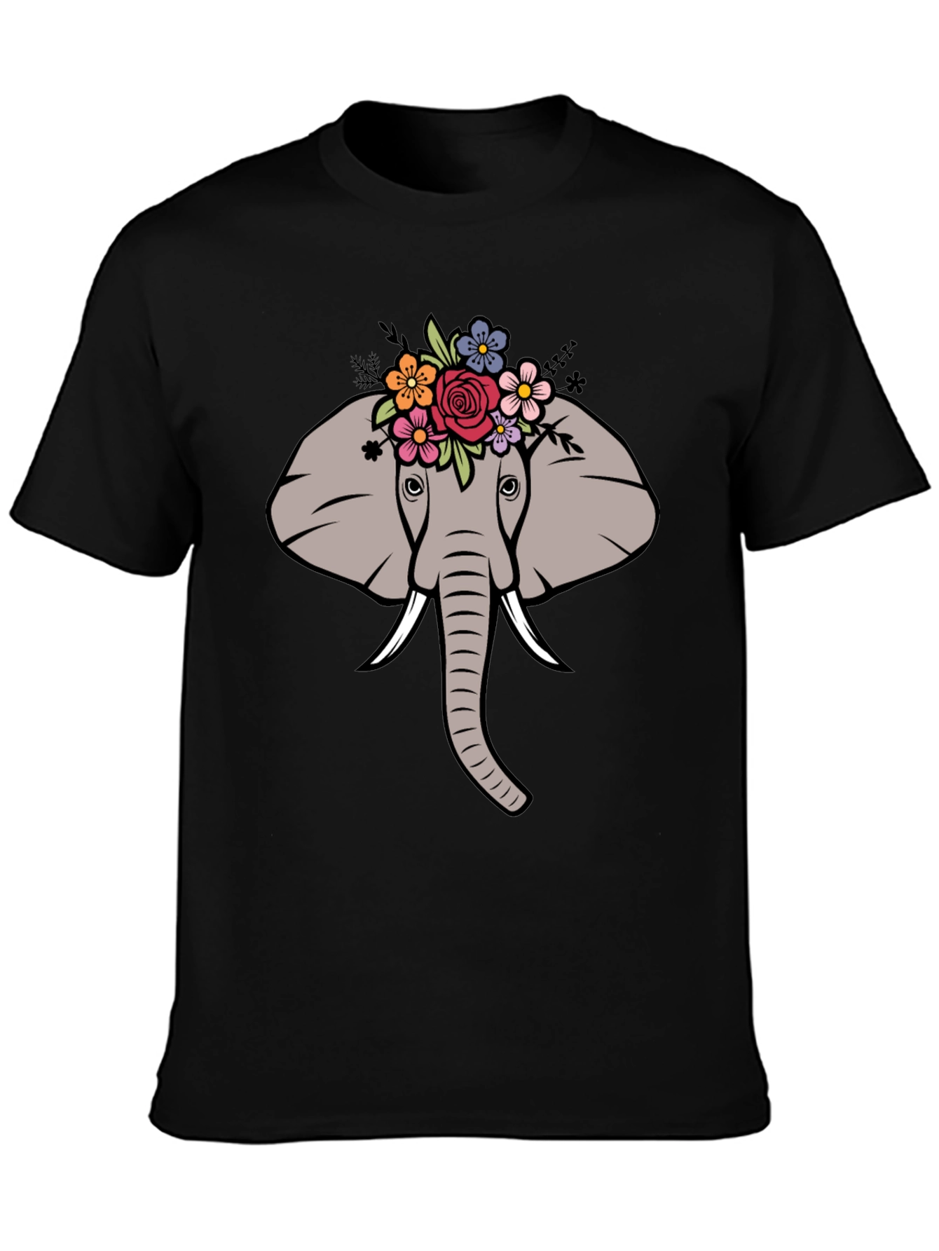 Floral Elephant Graphic Tee - Mens Black T-Shirt