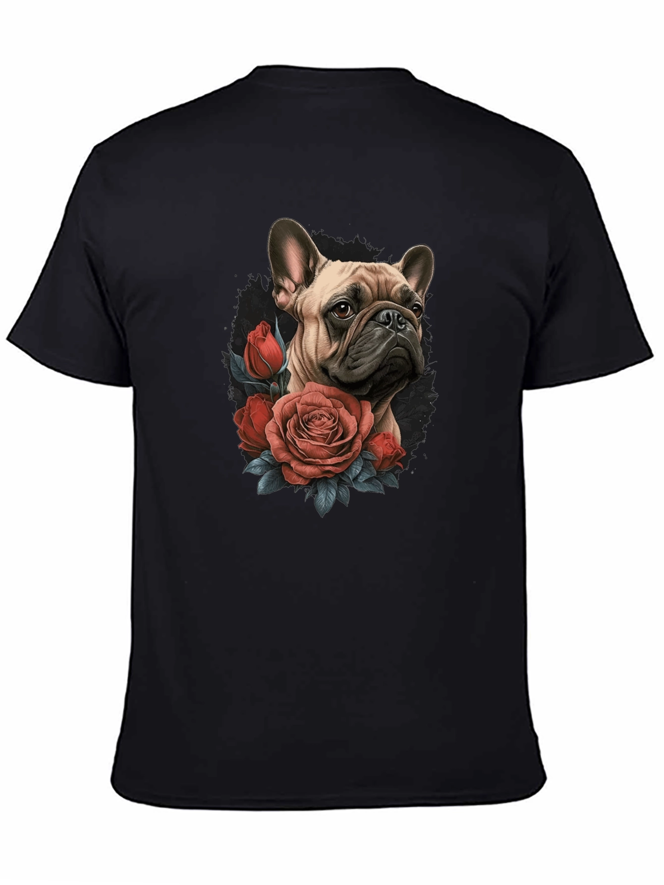 Dog with Roses Graphic Black T-Shirt