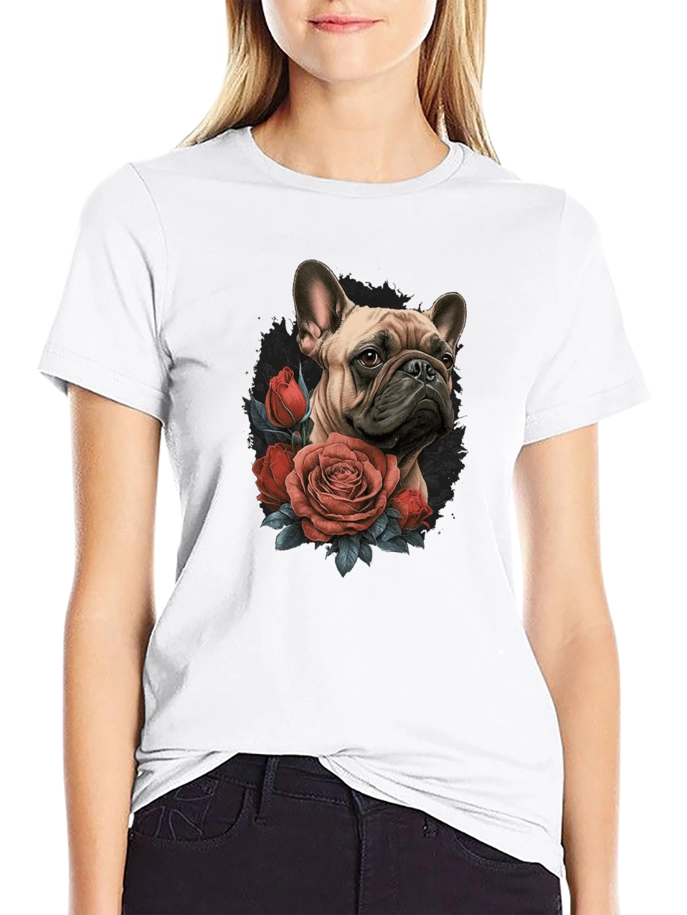 Dog with Roses Graphic Black T-Shirt