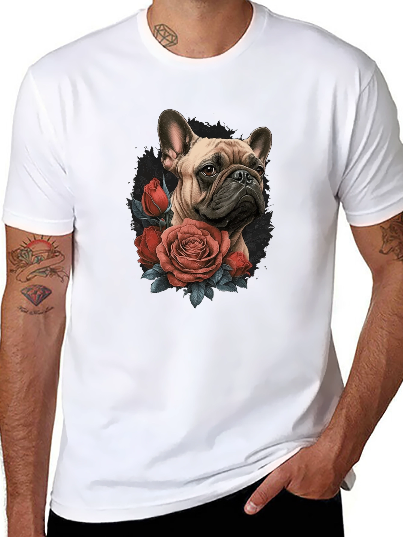 Dog with Roses Graphic Black T-Shirt