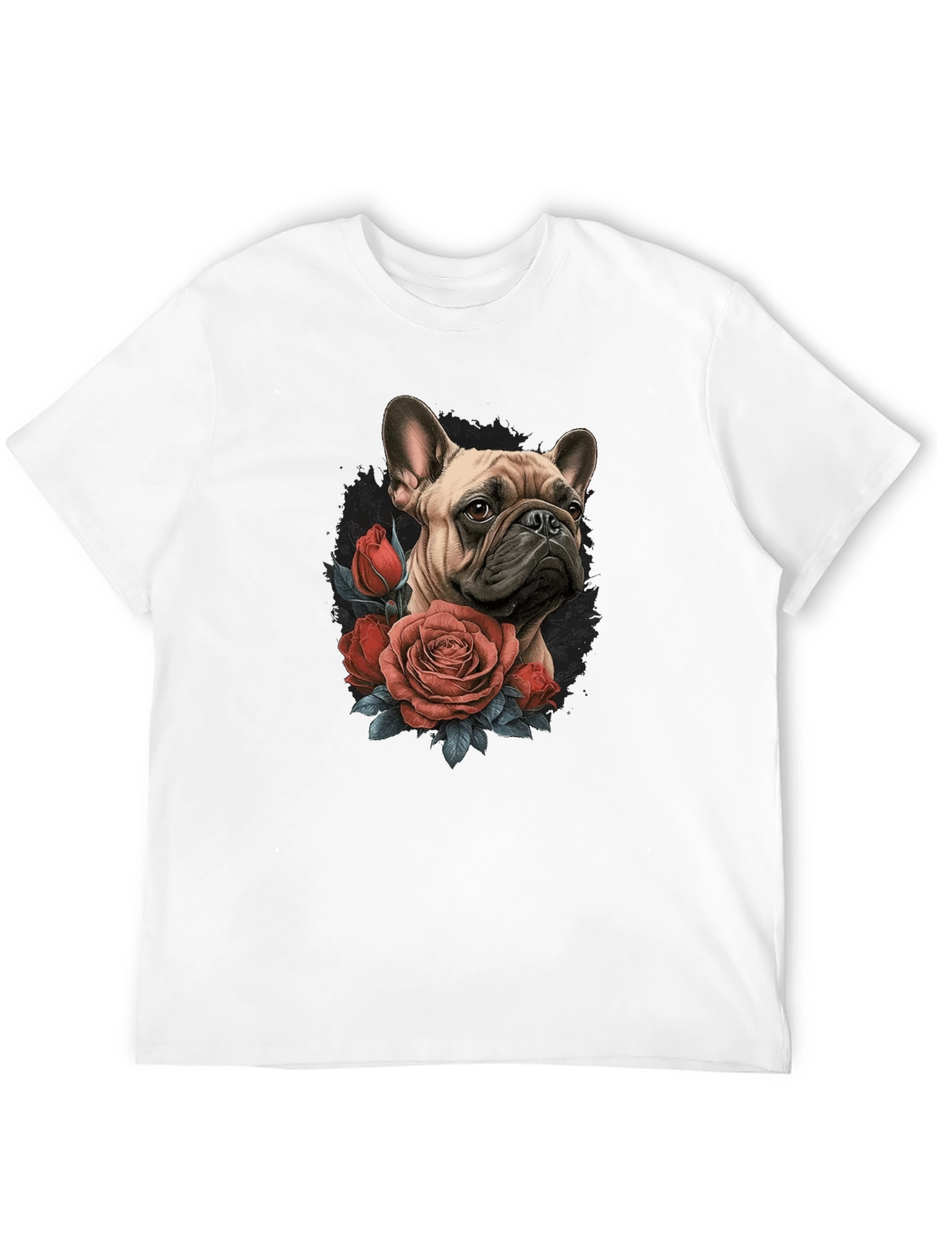 Dog with Roses Graphic Black T-Shirt
