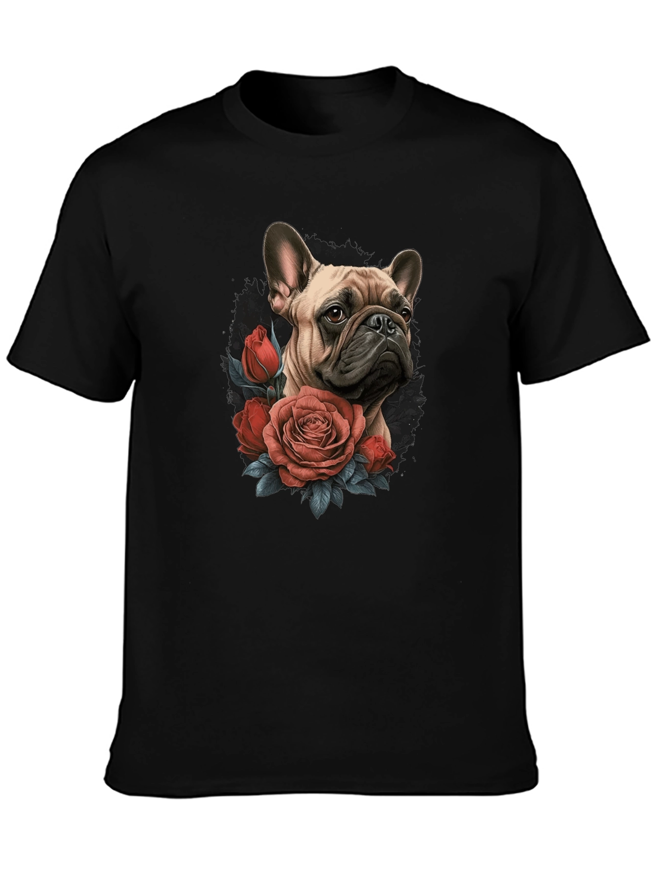 Dog with Roses Graphic Black T-Shirt