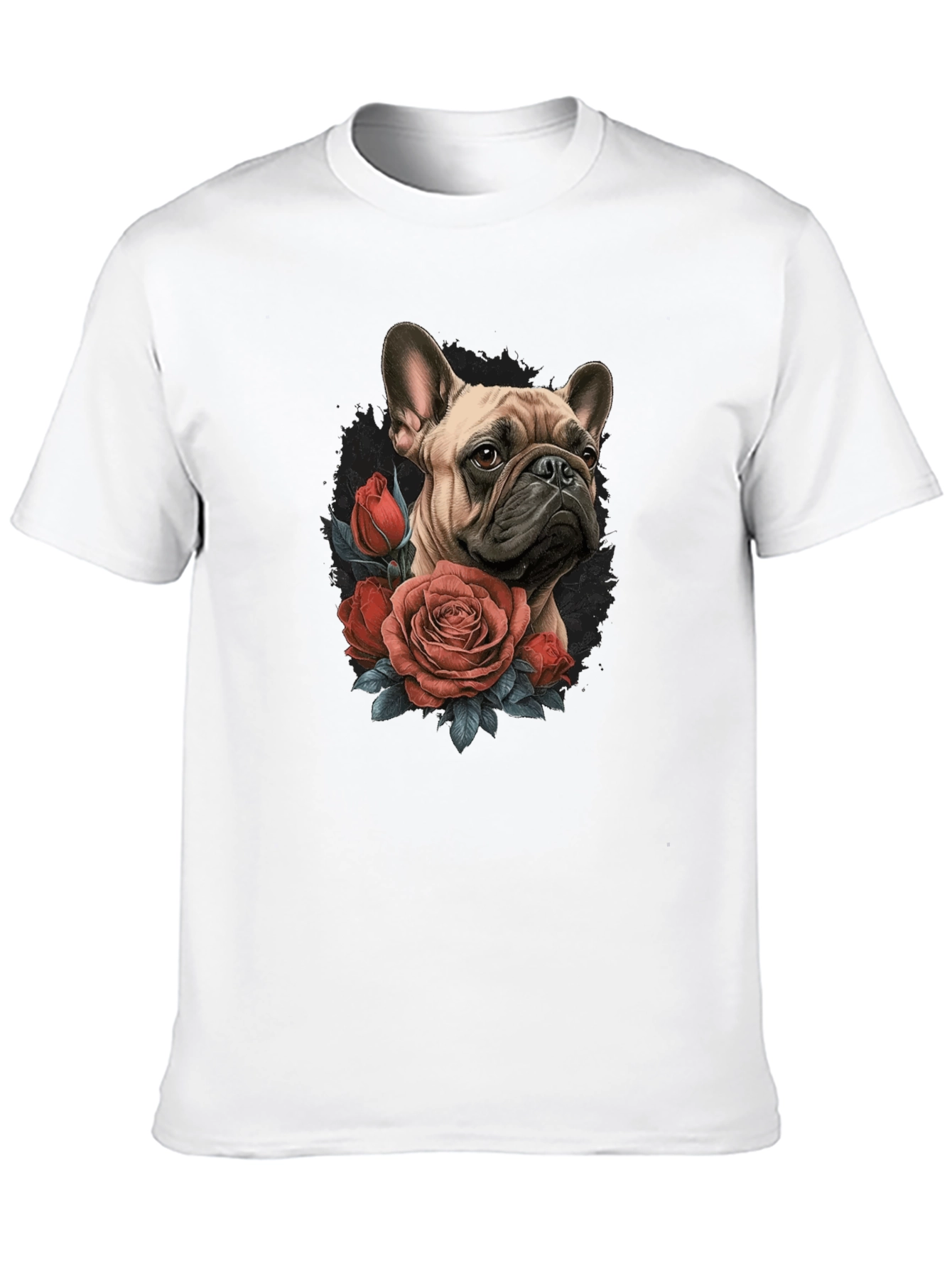 Dog with Roses Graphic Black T-Shirt