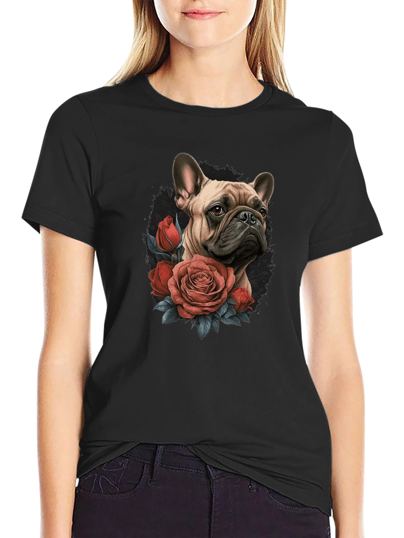 Dog with Roses Graphic Black T-Shirt