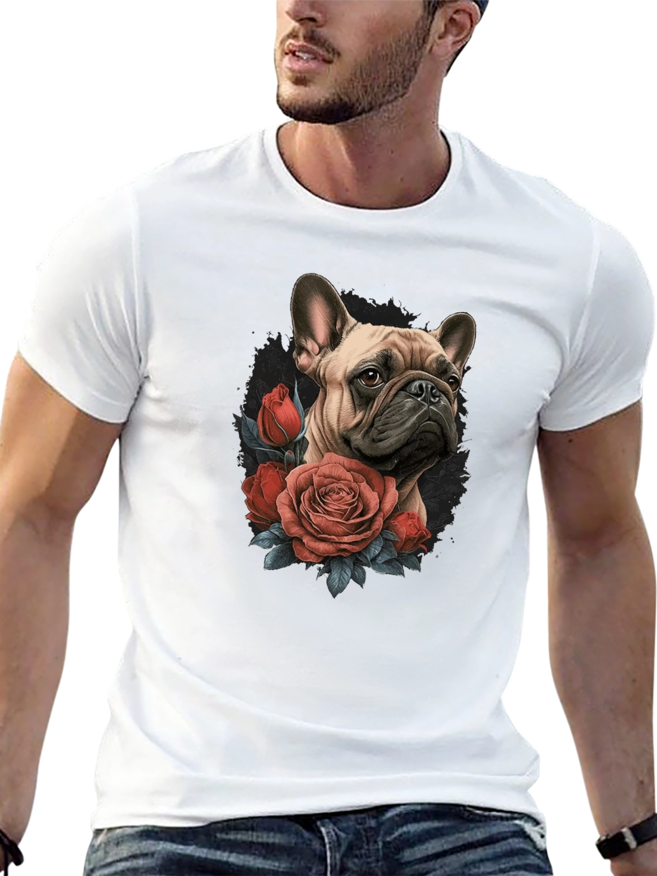 Dog with Roses Graphic Black T-Shirt