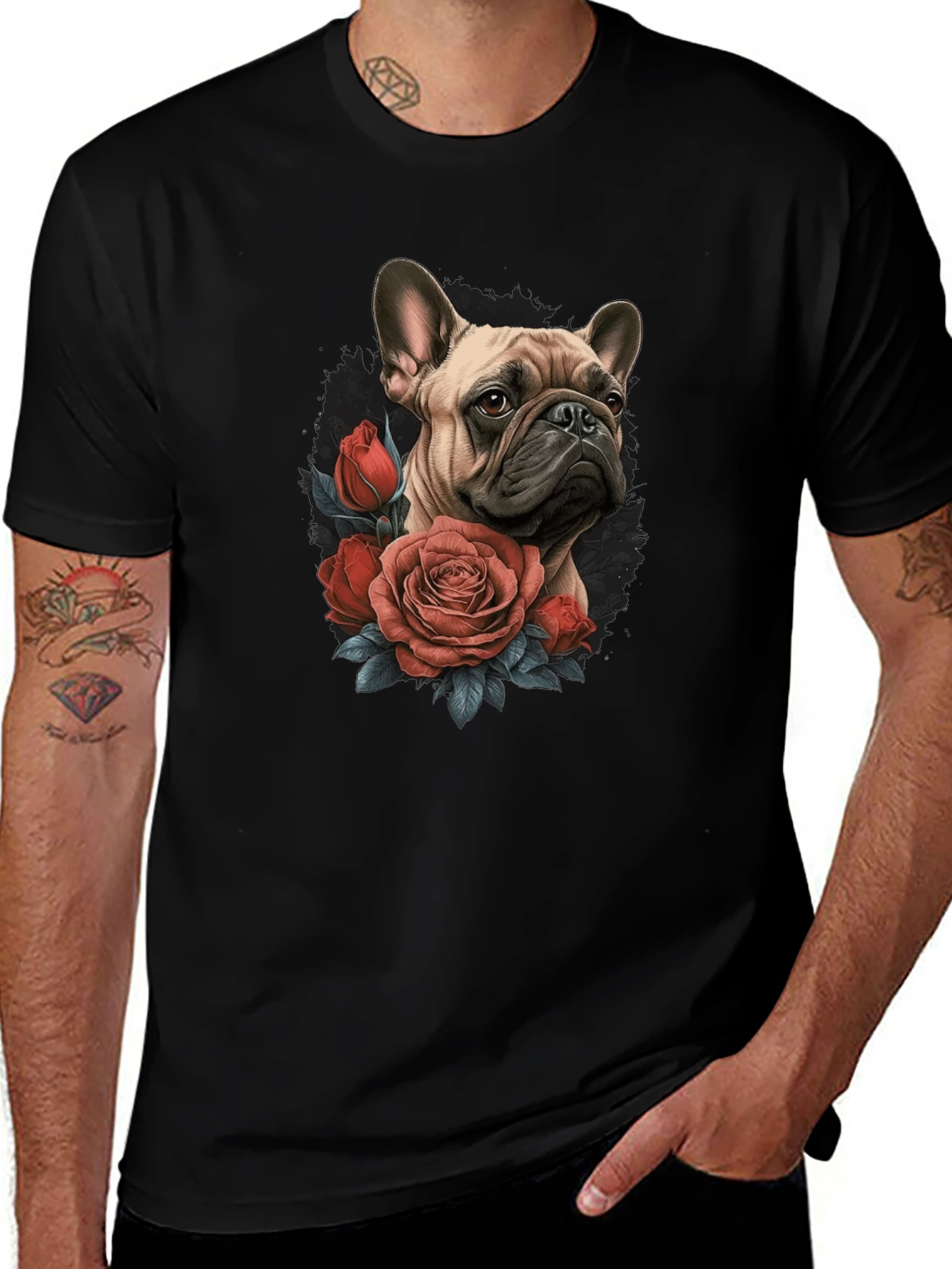 Dog with Roses Graphic Black T-Shirt