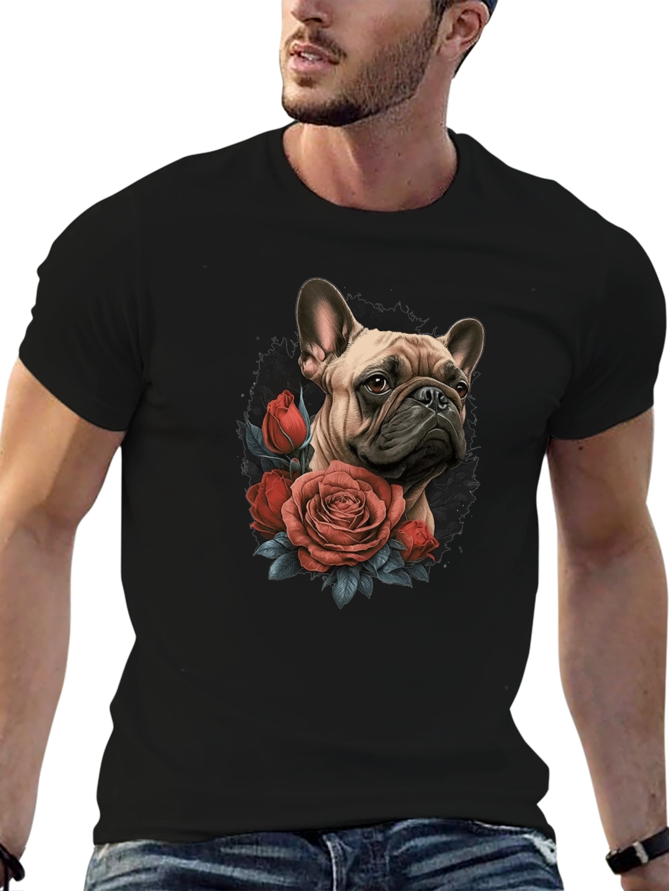 Dog with Roses Graphic Black T-Shirt