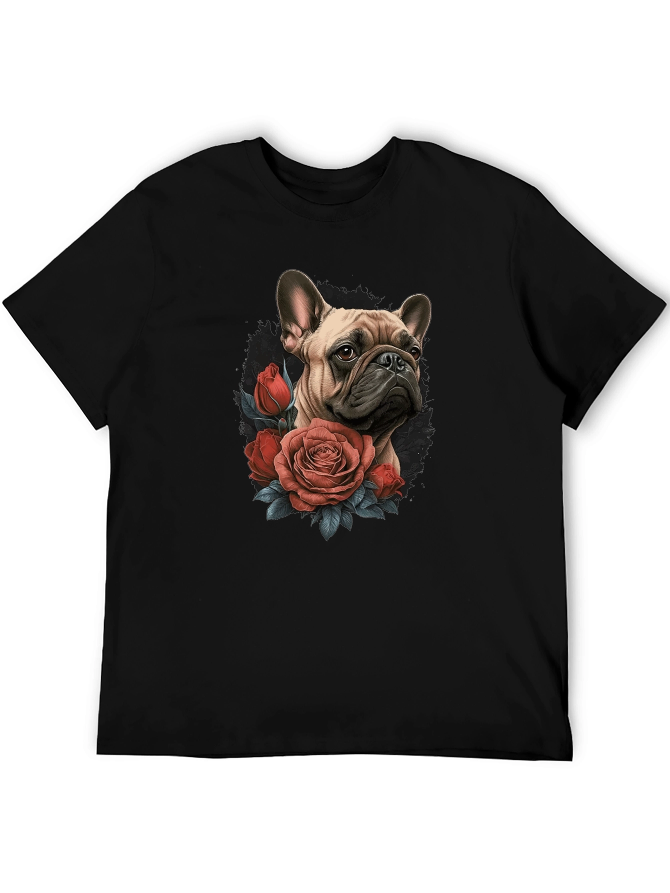 Dog with Roses Graphic Black T-Shirt