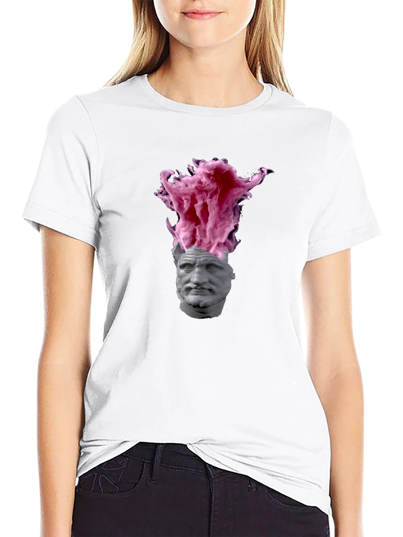 Statement T-Shirt with Greek Bust and Pink Smoke Design