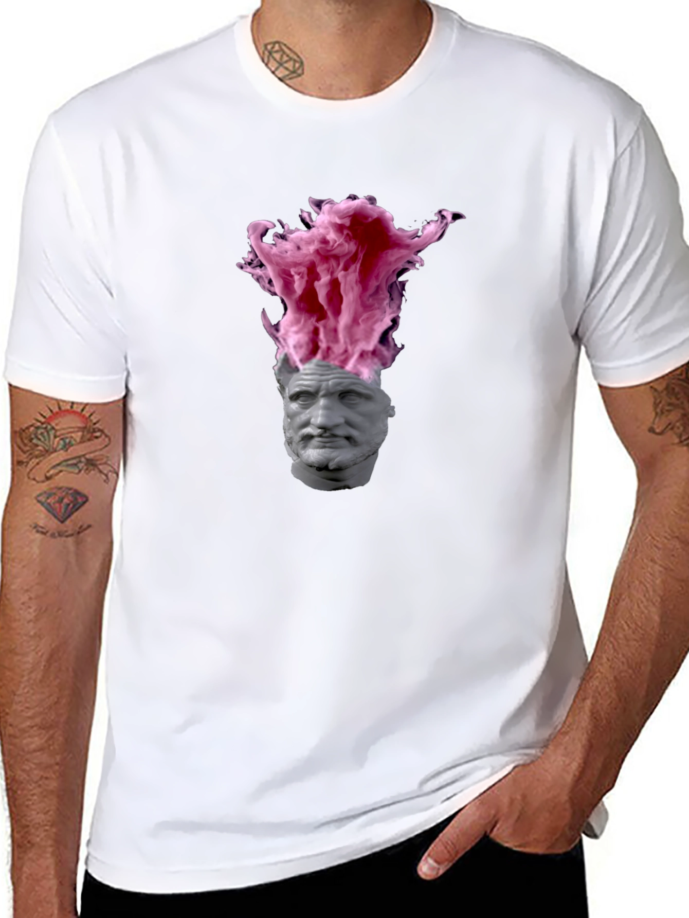 Statement T-Shirt with Greek Bust and Pink Smoke Design