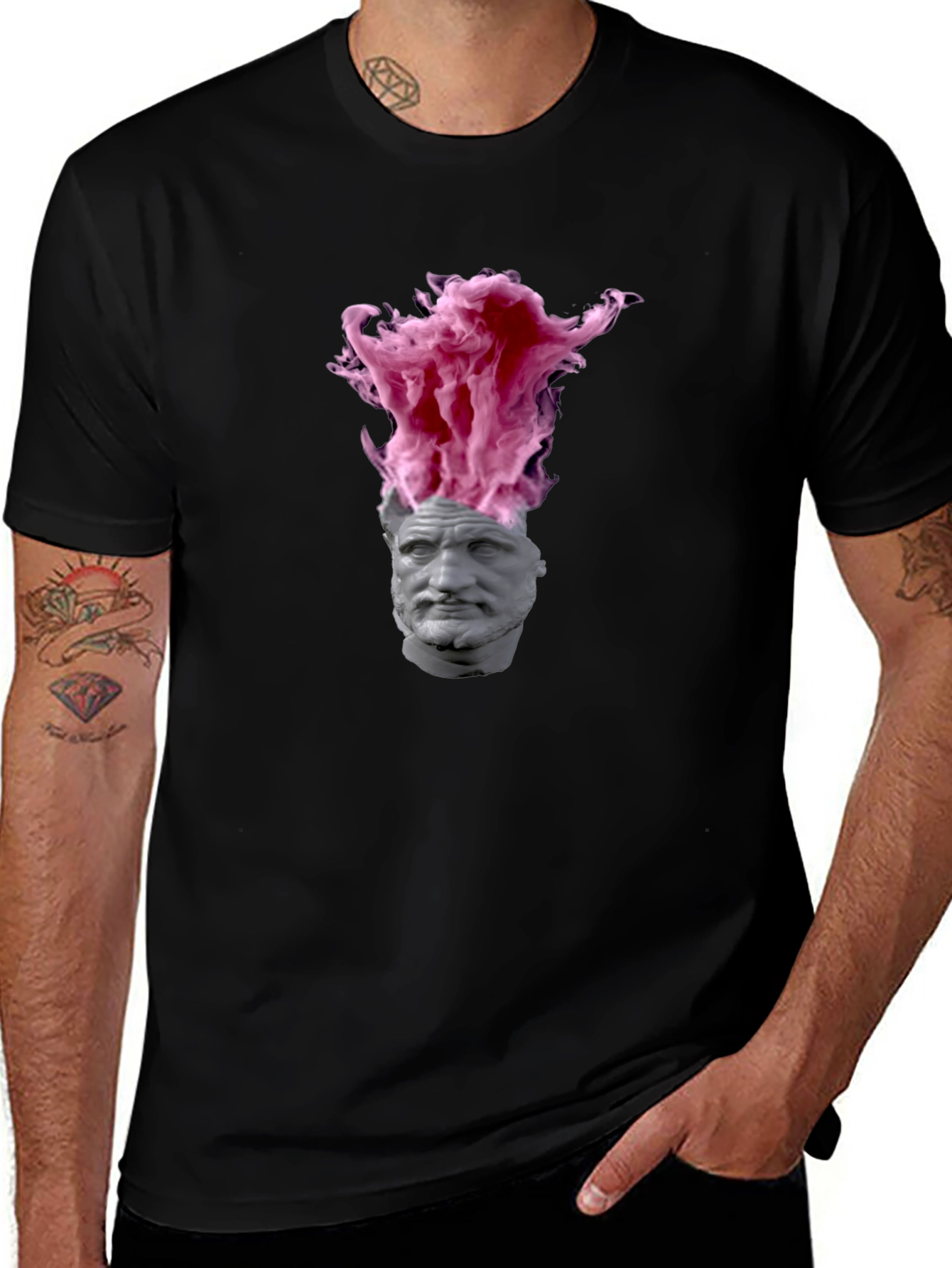 Statement T-Shirt with Greek Bust and Pink Smoke Design