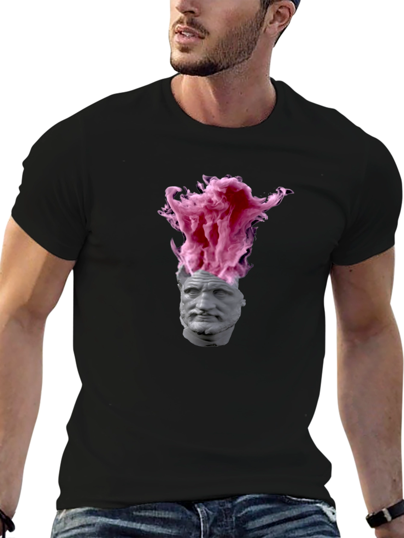Statement T-Shirt with Greek Bust and Pink Smoke Design