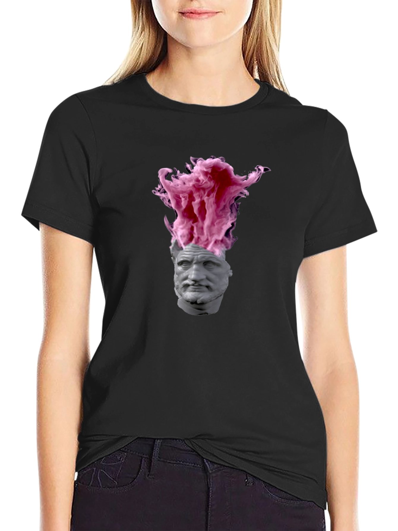 Statement T-Shirt with Greek Bust and Pink Smoke Design