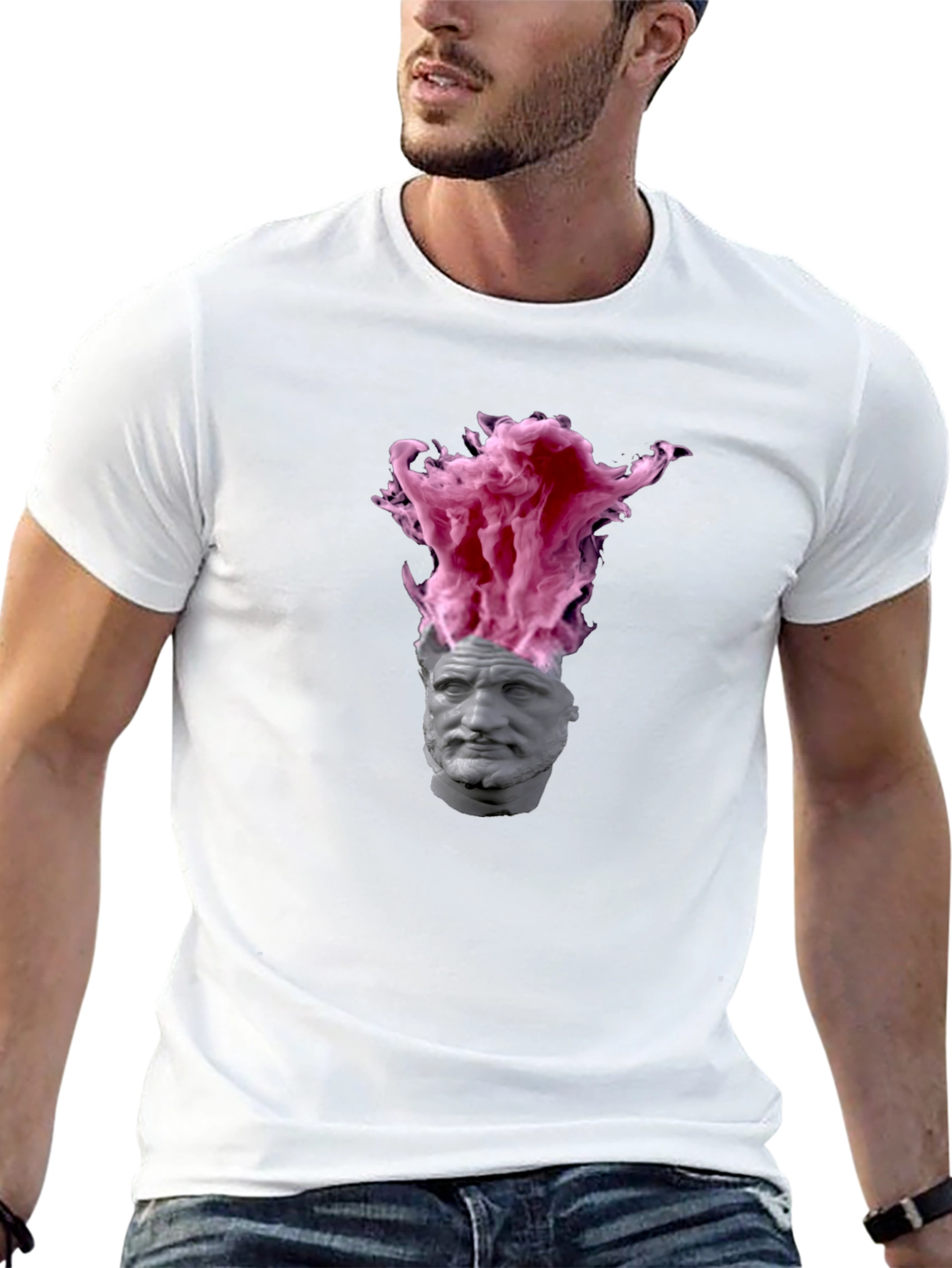 Statement T-Shirt with Greek Bust and Pink Smoke Design