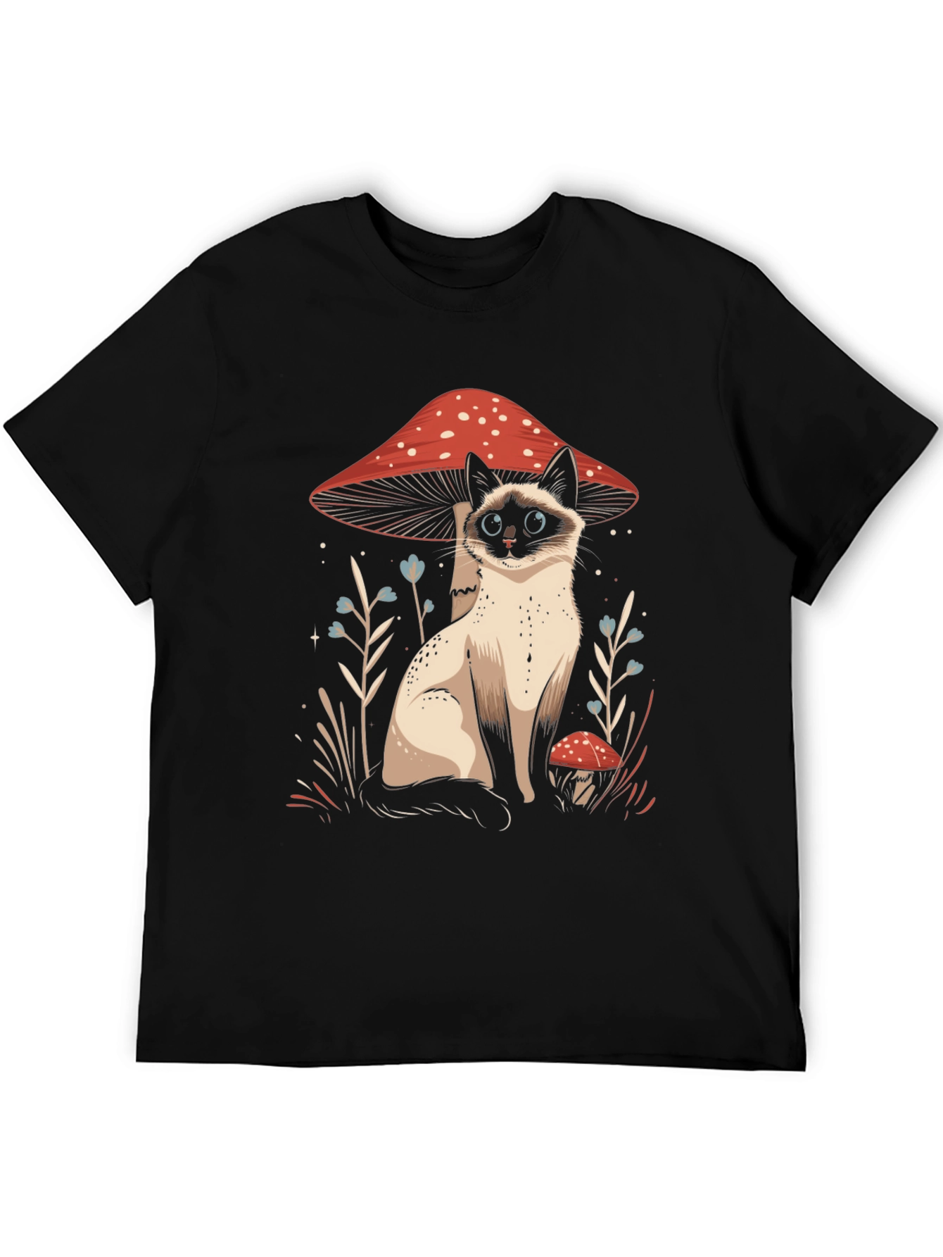 Cat and Mushroom Graphic Tee - Black Cotton