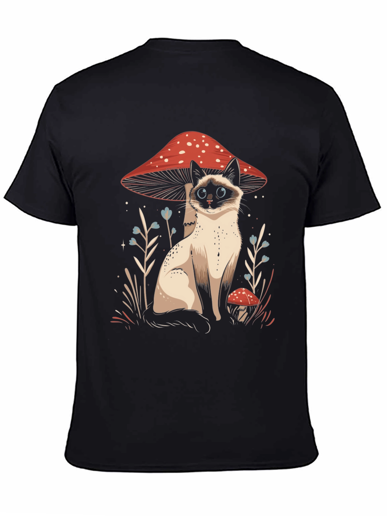 Cat and Mushroom Graphic Tee - Black Cotton