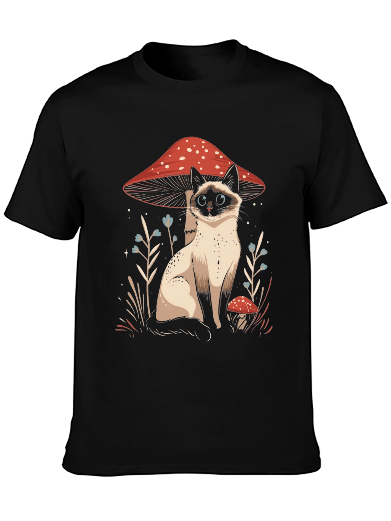 Cat and Mushroom Graphic Tee - Black Cotton