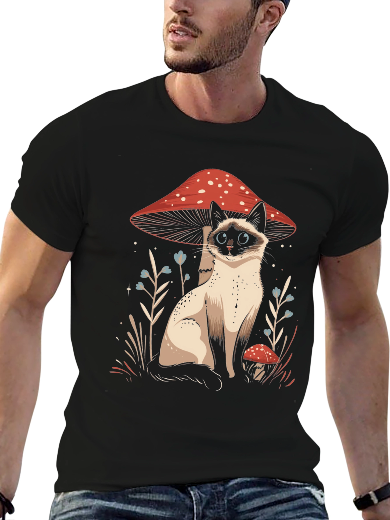 Cat and Mushroom Graphic Tee - Black Cotton