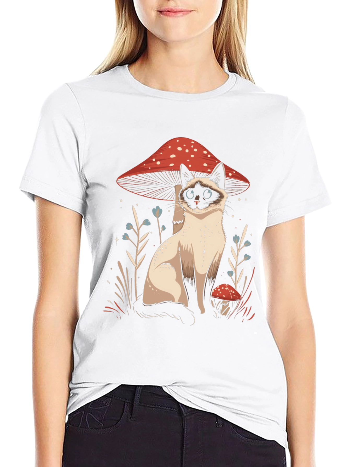 Cat and Mushroom Graphic Tee - Black Cotton