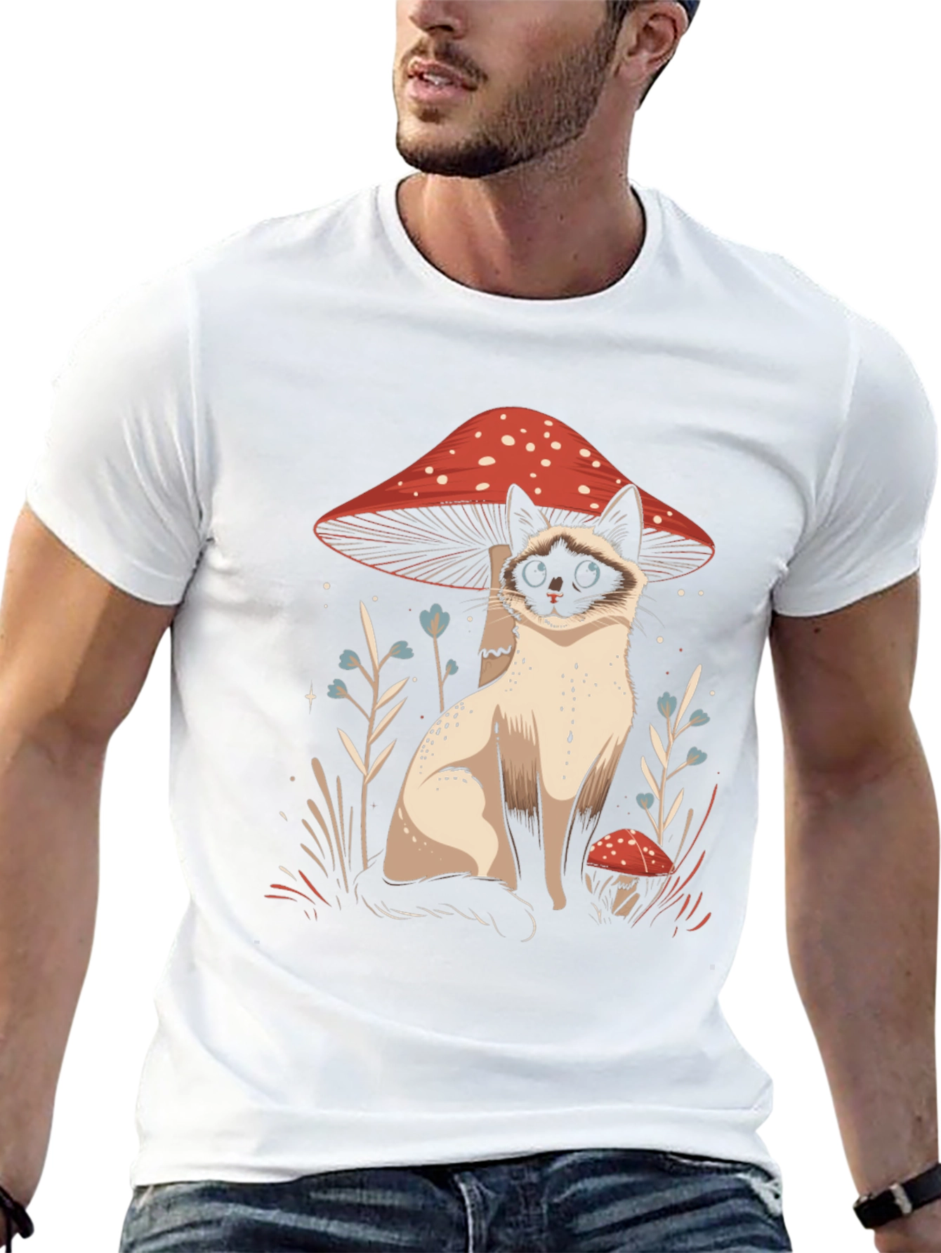 Cat and Mushroom Graphic Tee - Black Cotton