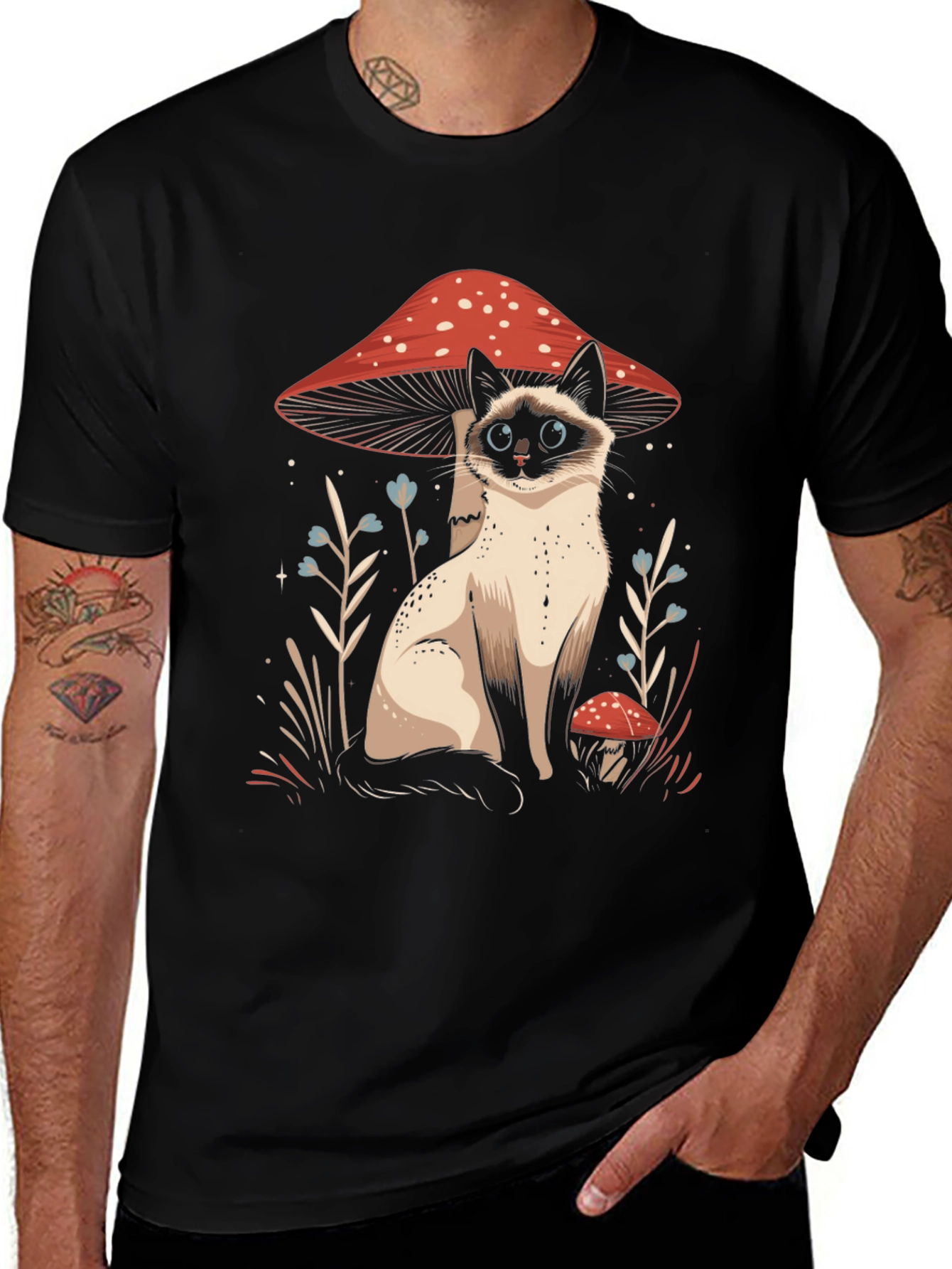 Cat and Mushroom Graphic Tee - Black Cotton