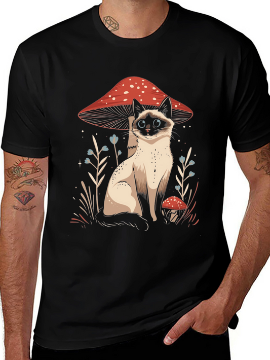 Cat and Mushroom Graphic Tee - Black Cotton