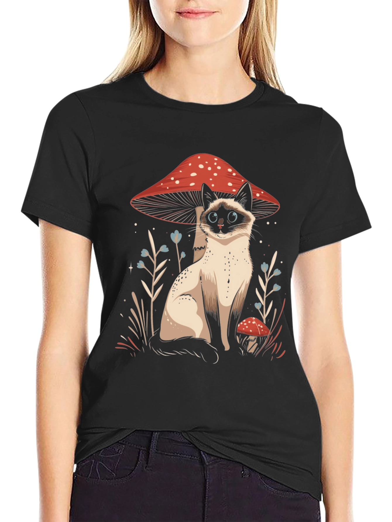 Cat and Mushroom Graphic Tee - Black Cotton