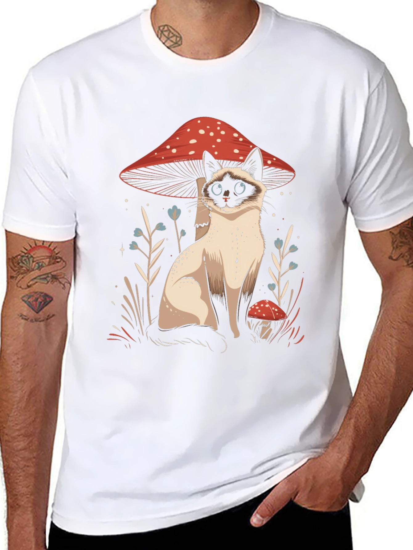 Cat and Mushroom Graphic Tee - Black Cotton